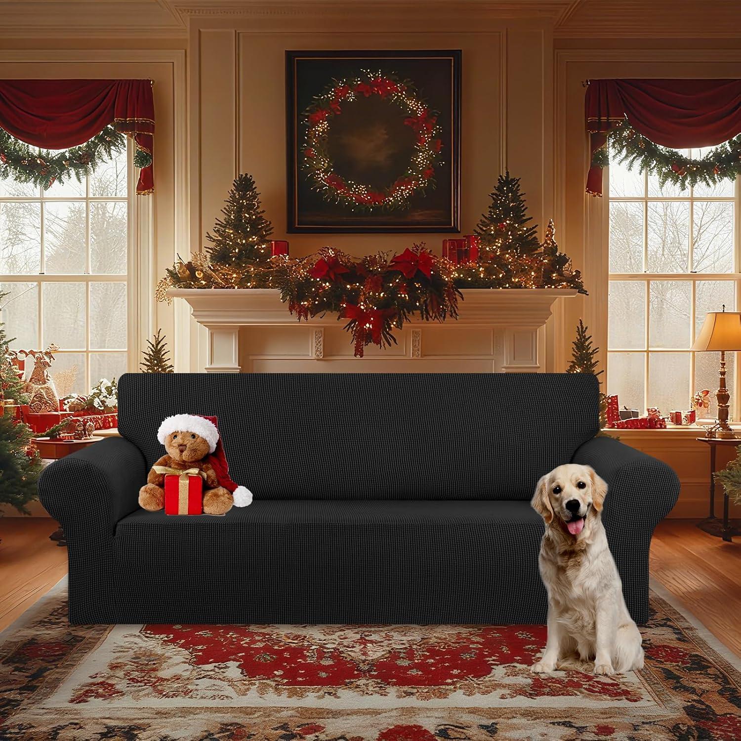 KEKUOU Stretch Oversized Sofa Slipcover 1 Piece Couch Sofa Cover (94"-110") Furniture Protector 4 Seater Sofa with Elastic Bottom for Kids,Pet.Jacquard Checked Pattern Fabric(X Large,Black)