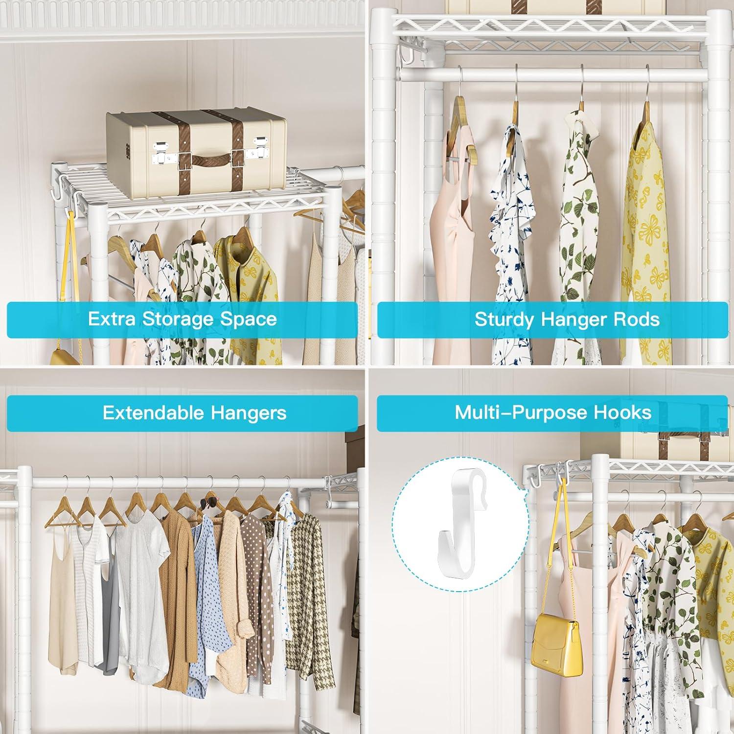 Ulif E7 Heavy Duty Garment Rack, Clothes Organizer and Storage Rack with Expandable Hangers, Metal Clothing Rack with 6 Wire Shelves, (52.3"-72") W x 14.5" D x 71.2" H, Load 838 LBS, White