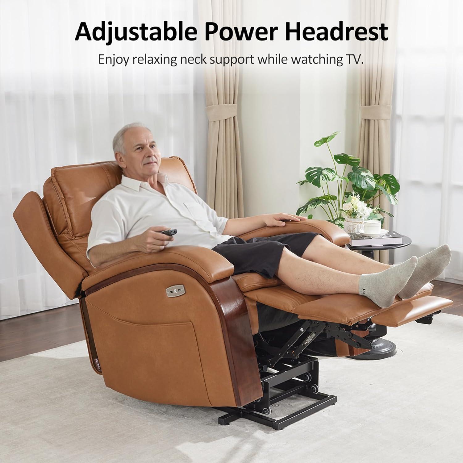 MCombo Power Lift Recliner Chair Sofa with Massage and Heat, Adjustable Headrest for Elderly People, Solid Wood Armrest, USB Ports, Side Pockets, Breathable Leather 7917 (Tawny, Medium)