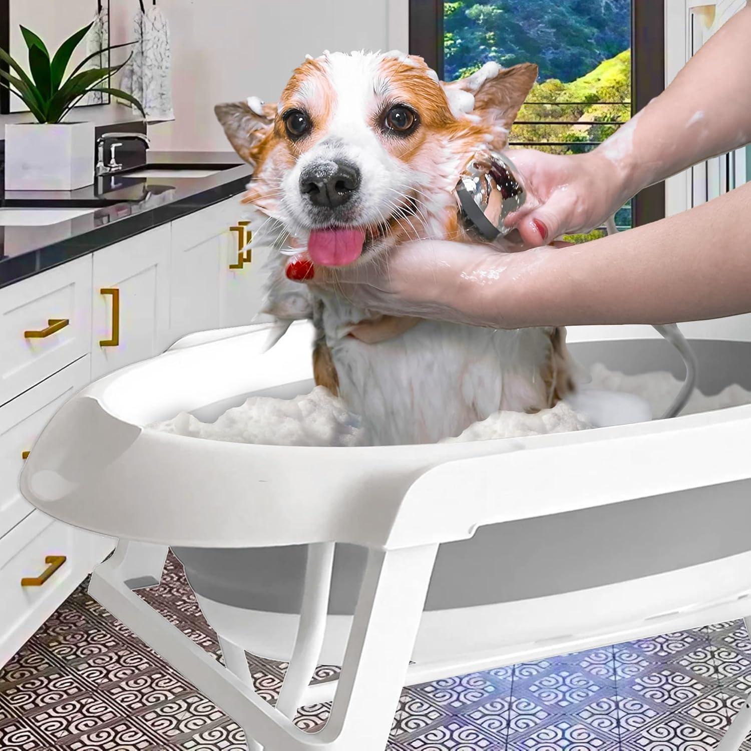 Portable White Plastic and Metal Dog Bath Tub for Medium Pets