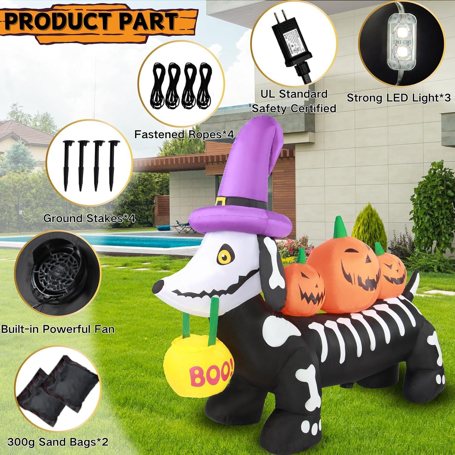 5 FT Halloween Inflatable Skeleton Dog with Pumpkins and LED Lights