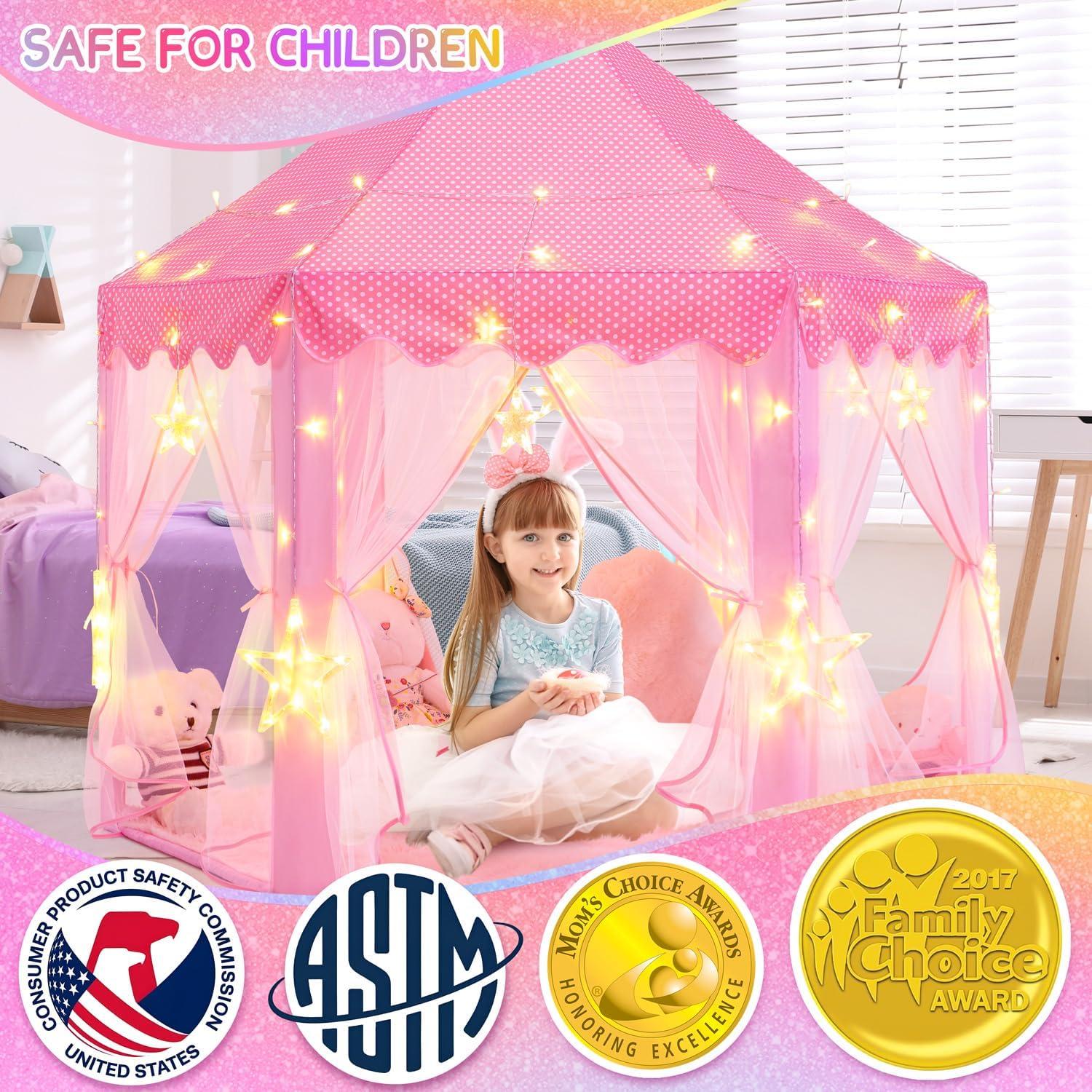 EVOIONOS Princess Tent for Girls, Kids Play Tent with LED Star Lights, Castle Playhouse for Children Indoor Outdoor Games, 55X53 inches, Pink