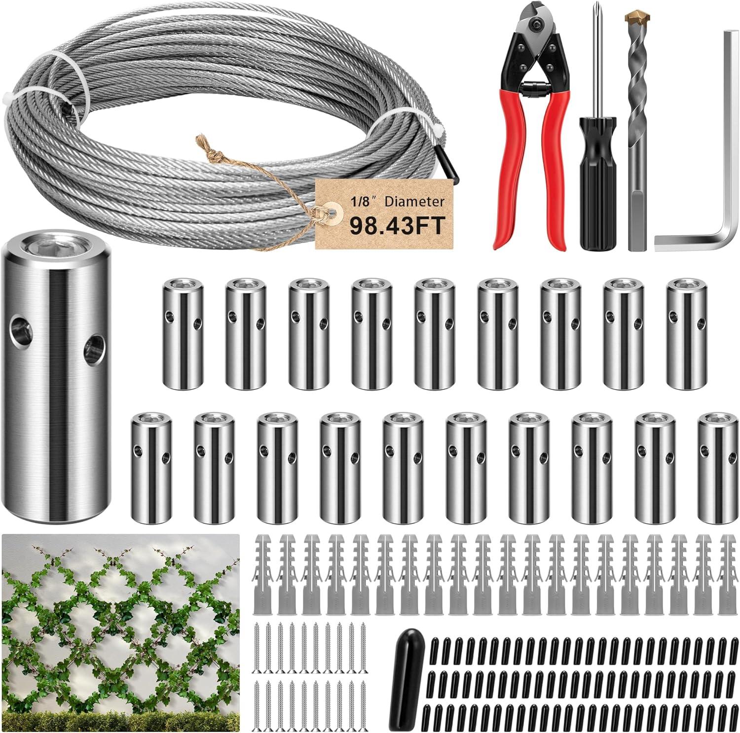 VIVOSUN Wire Trellis Kit with 20 Set Holders and 98.4ft Wire Rope, 316 Stainless Steel Espalier Cable Trellis Kit for Climbing Plants, Vines and Green Wall