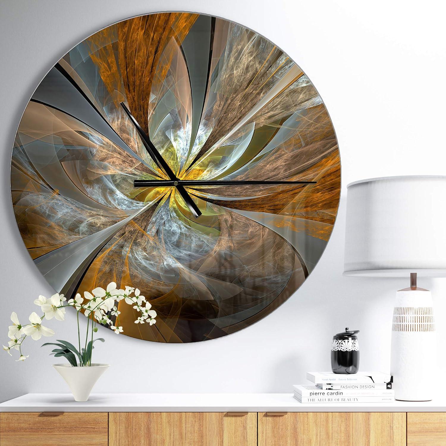 Designart 'Symmetrical Yellow Fractal Flower' Metal Wall Clock
