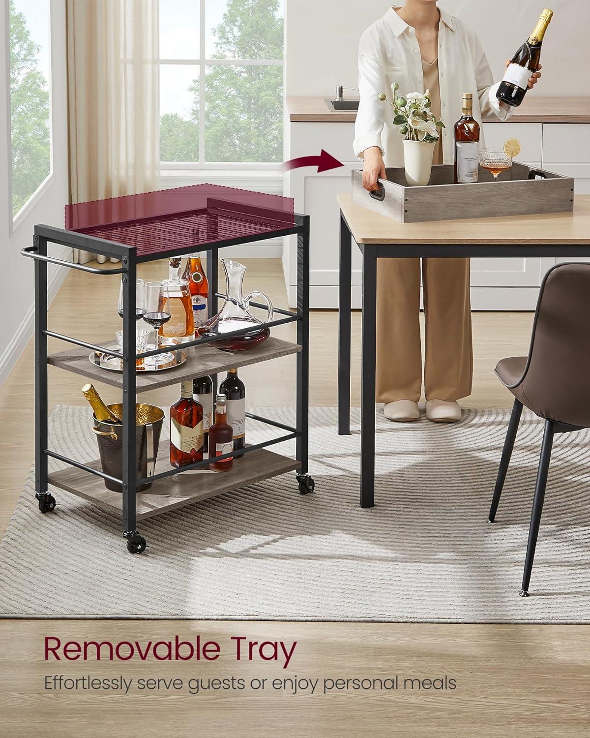 Industrial Greige and Black 3-Tier Kitchen Serving Cart with Storage