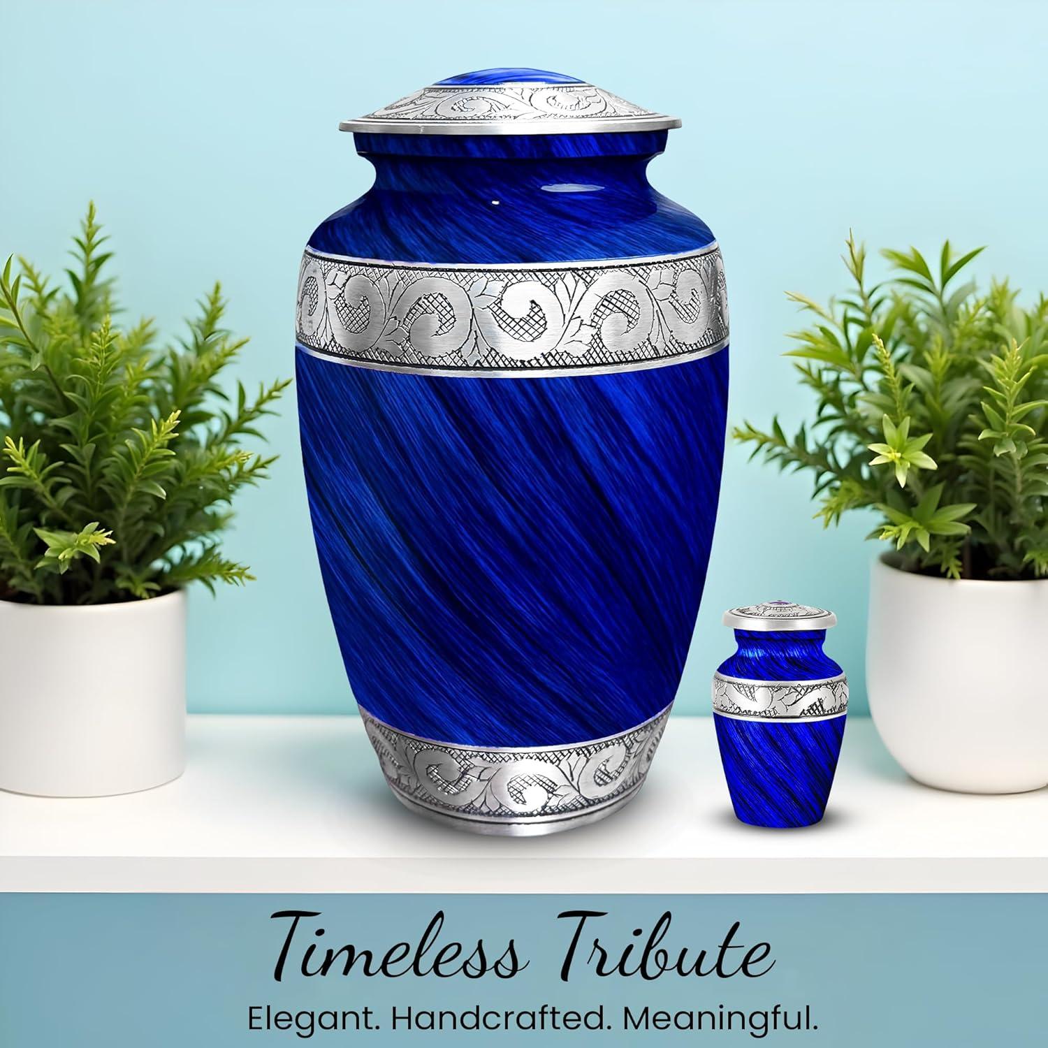 Hand-Engraved Blue Metal Urn with Necklace for Ashes