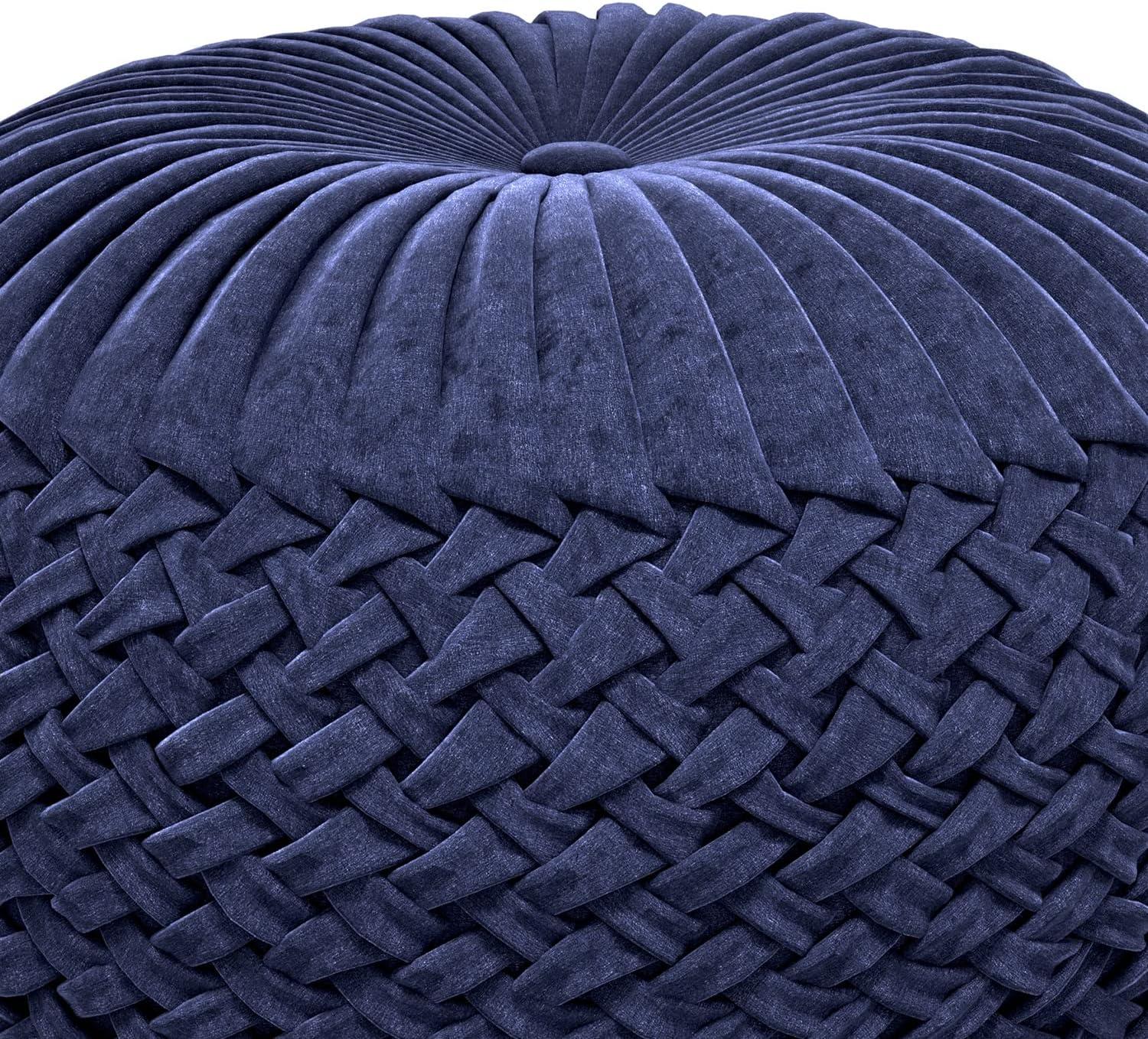Simpli Home Grafton Transitional Round Pouf in Dark Blue Velvet Fabric