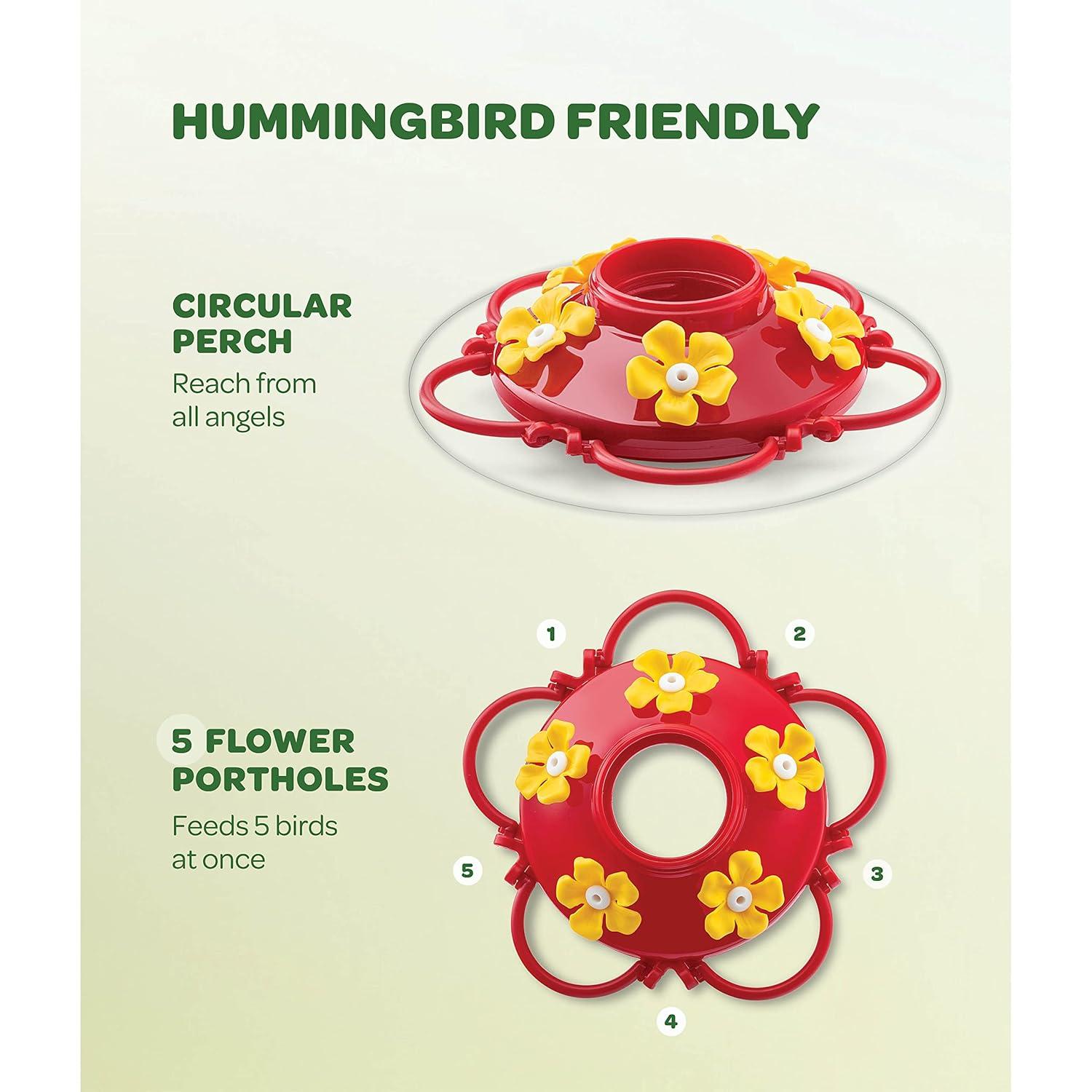 Hummingbird Feeder 10 oz Plastic Hummingbird Feeders for Outdoors, with Built-in Ant Guard - Circular Perch with 5 Feeding Ports - Wide Mouth for Easy Filling/2 Part Base for Easy Cleaning