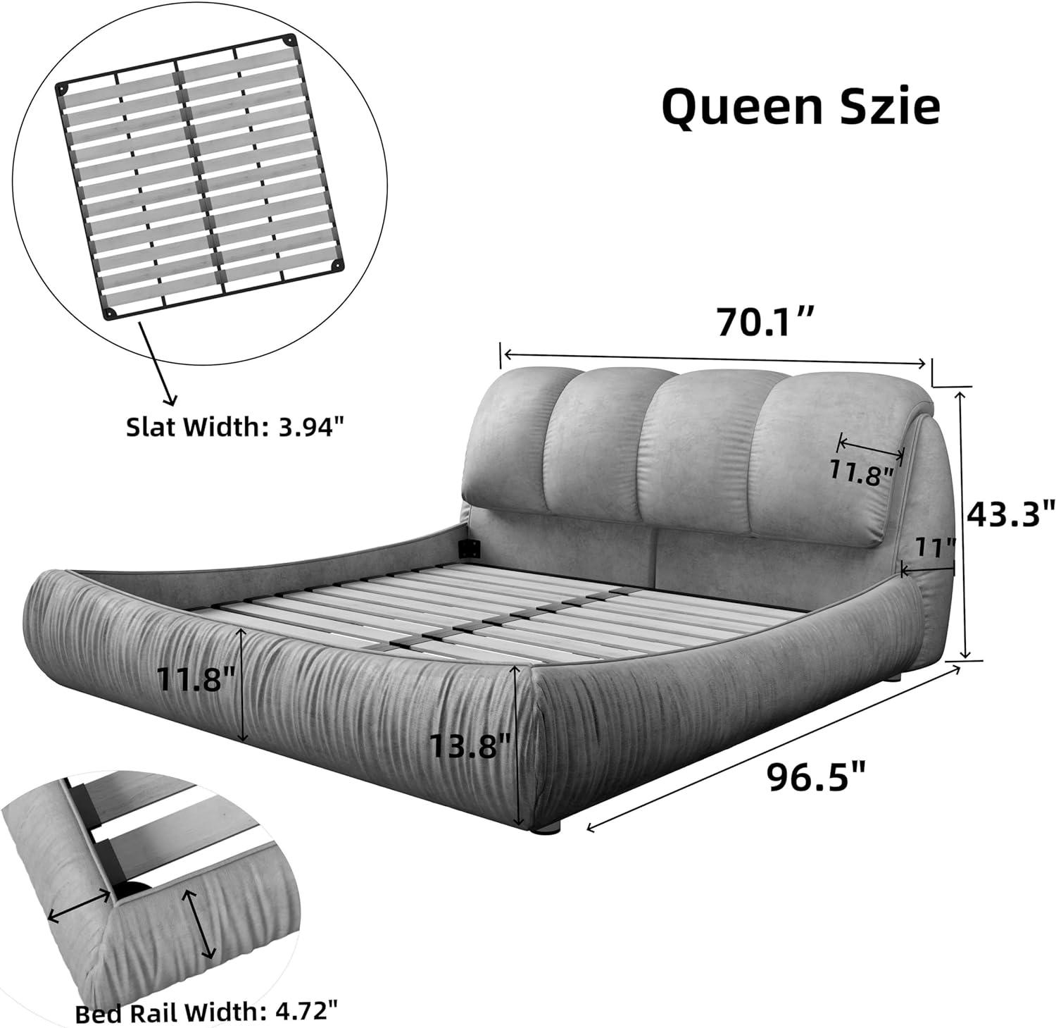 Queen Size Luxury Upholstered Platform Bed with Oversized Padded Backrest and Solid Wood Frame