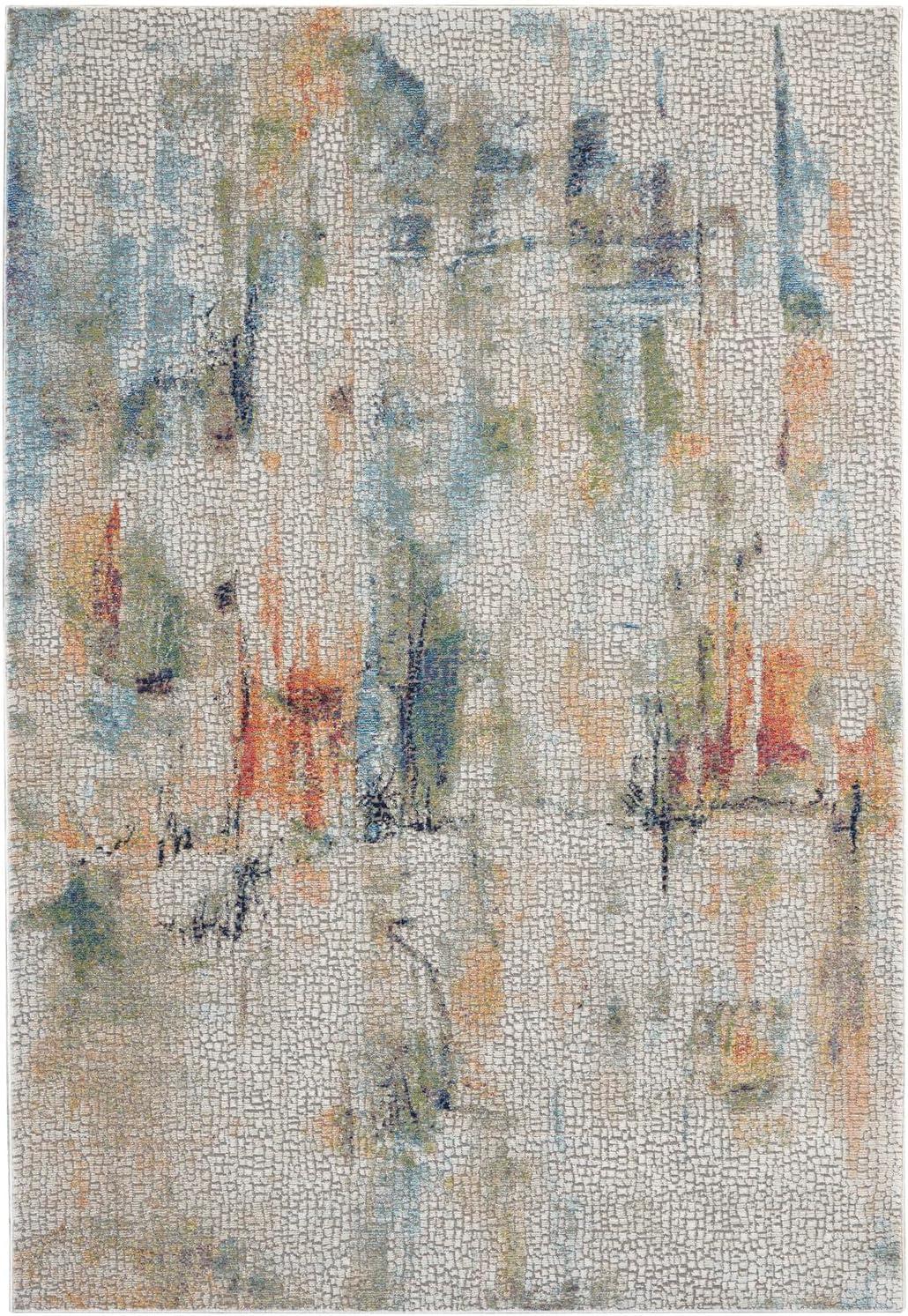 Abstract Ivory and Multicolor Silky Texture 4' x 6' Synthetic Rug