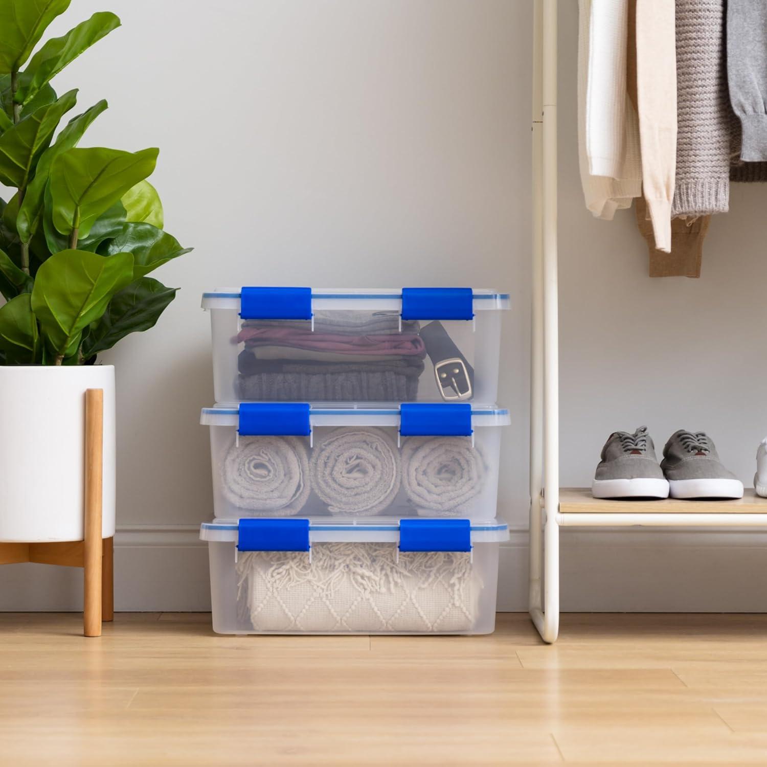 USA 16 Qt Storage Box with Gasket Seal Lid, 3 Pack - BPA-Free, Made in USA - Heavy Duty Moving Containers with Tight Latch, Weather Proof Tote Bin, WEATHERPRO - Clear/Blue