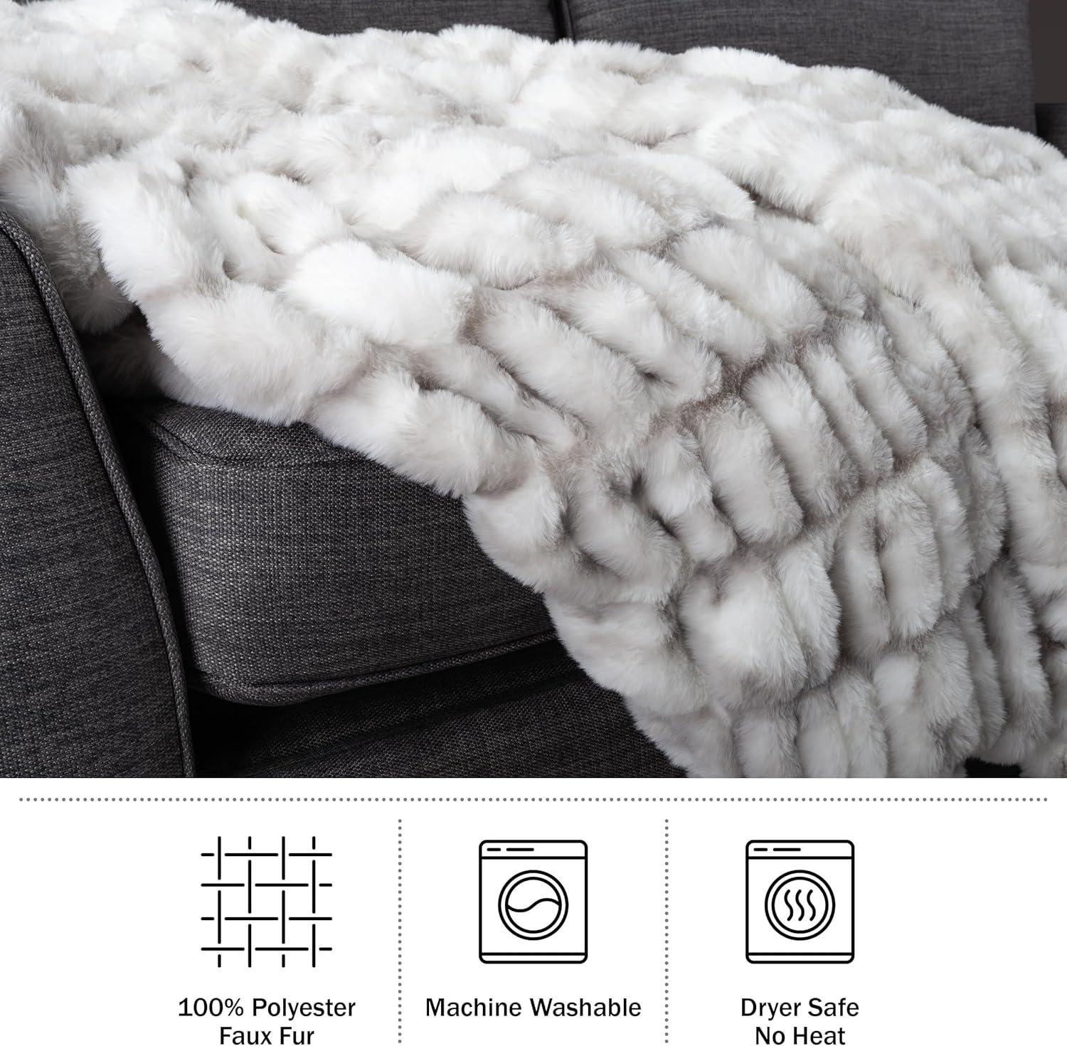Oversized Ruched Faux Fur Blanket - 60x80-Inch Jacquard Faux Fur Queen-Size Throw for Sofas and Beds - Luxurious Bedding by Lavish Home