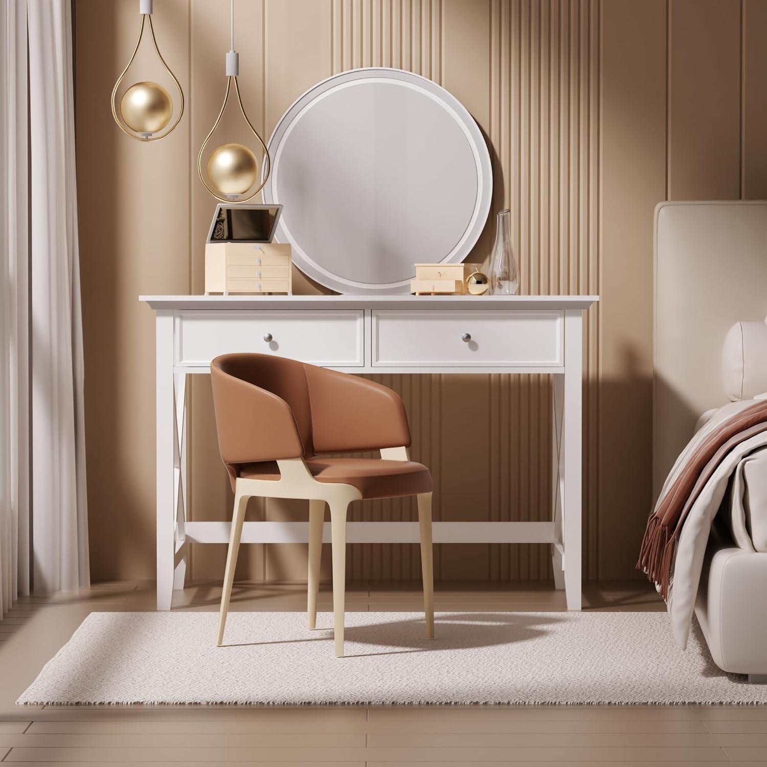 White Computer Desk with 2 Drawers, Modern Makeup Vanity Desk with Storage, Writing Desk for Home Office, 42'' Long Study Simple White Desk for Bedroom Console Table Living Room