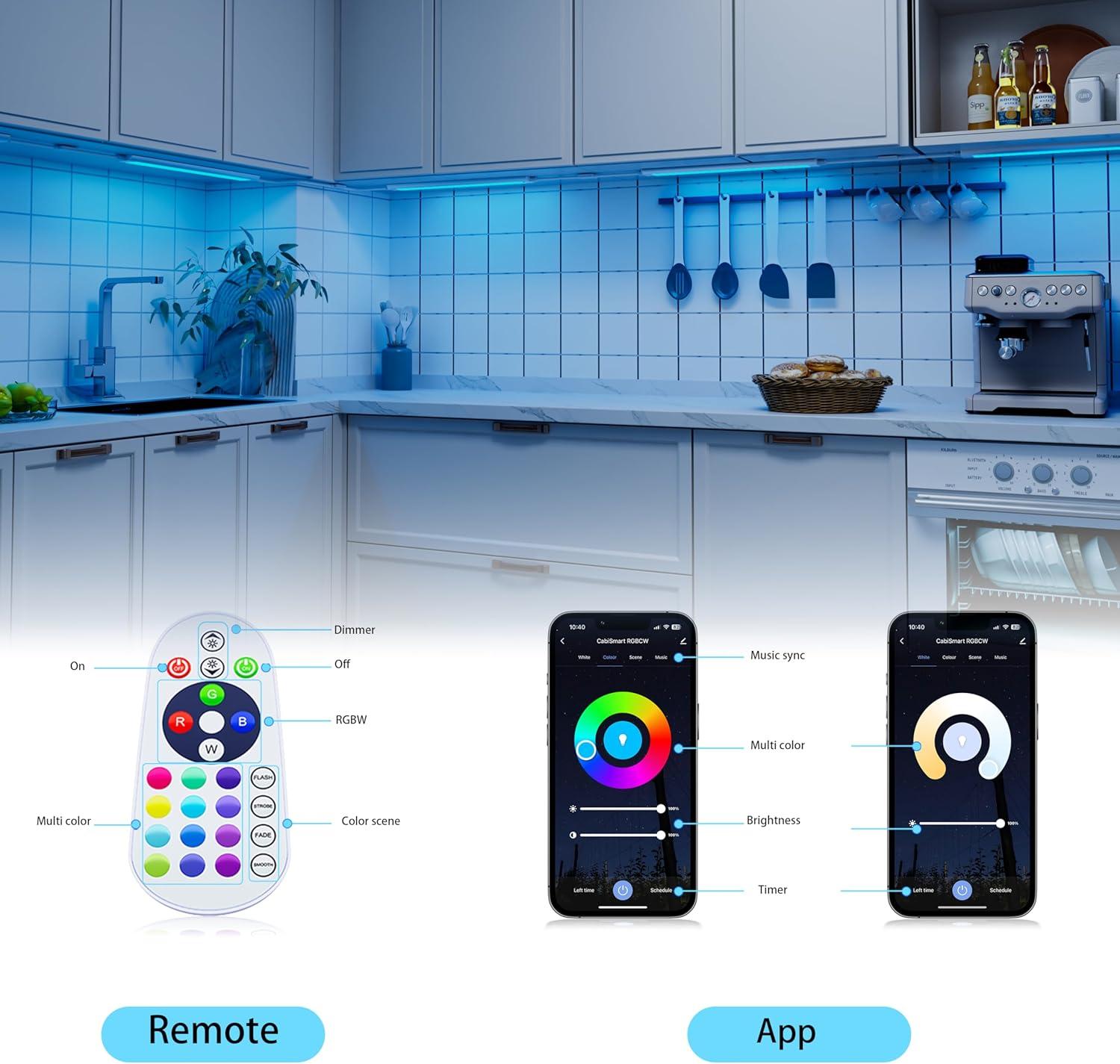 Smart Under Cabinet Lighting Strip Lights White & Color Changing Dimmable Work with Alexa Google Smart Thing Phone App, RGB Multi Colored Lamp for Kitchen Counter Light Fixture (6 Lights Bar Kit)