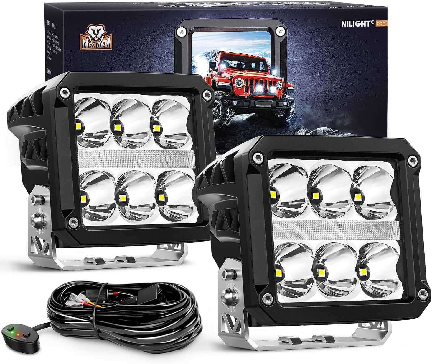 Nilight 4 Pulgadas Cuadrada Pod con DRL 6487LM 10 ° Súper Punto 16AWG Kit de Arnés de Cableado para Trabajos Auxiliares de Conducción Todoterreno 4x4 Jeep Llevó la Luz Antiniebla Automotriz Se Adapta a Camión, UTV, ATV, SUV, 60W