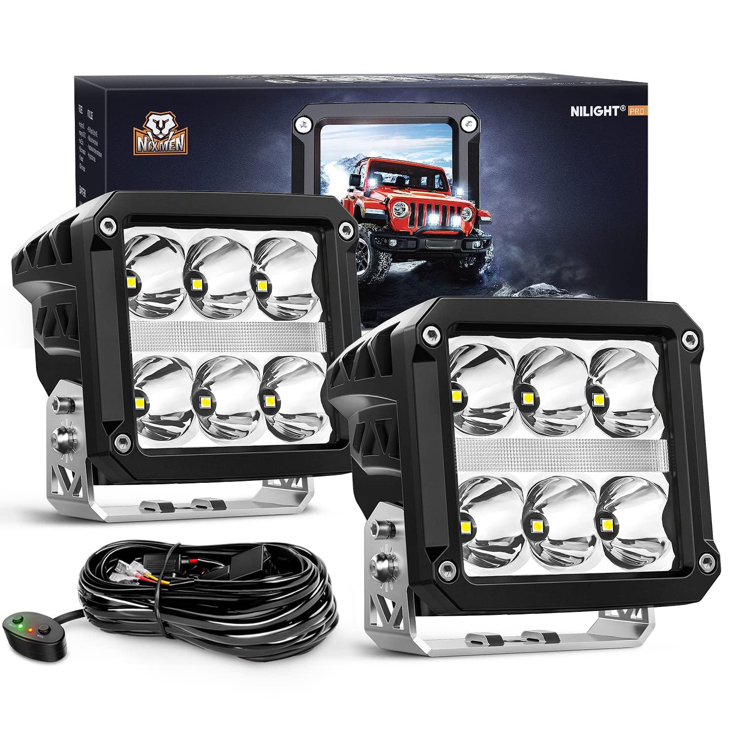 Nilight 4 Pulgadas Cuadrada Pod con DRL 6487LM 10 ° Súper Punto 16AWG Kit de Arnés de Cableado para Trabajos Auxiliares de Conducción Todoterreno 4x4 Jeep Llevó la Luz Antiniebla Automotriz Se Adapta a Camión, UTV, ATV, SUV, 60W
