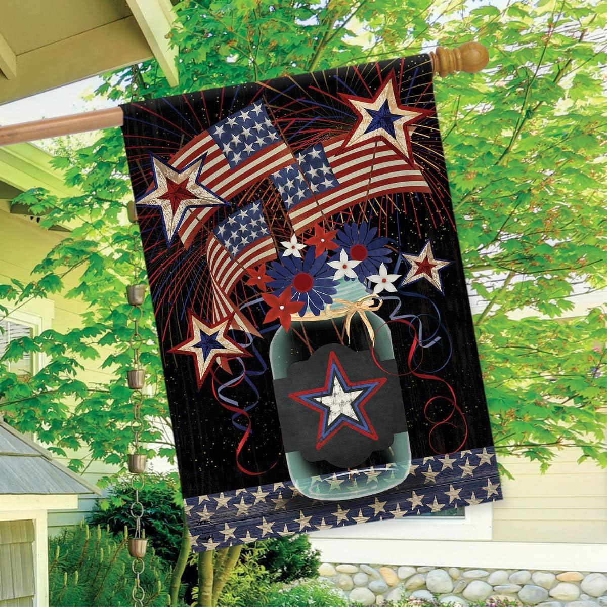 American Mason Jar Patriotic House Flag Primitive Fireworks 28" x 40" Briarwood Lane