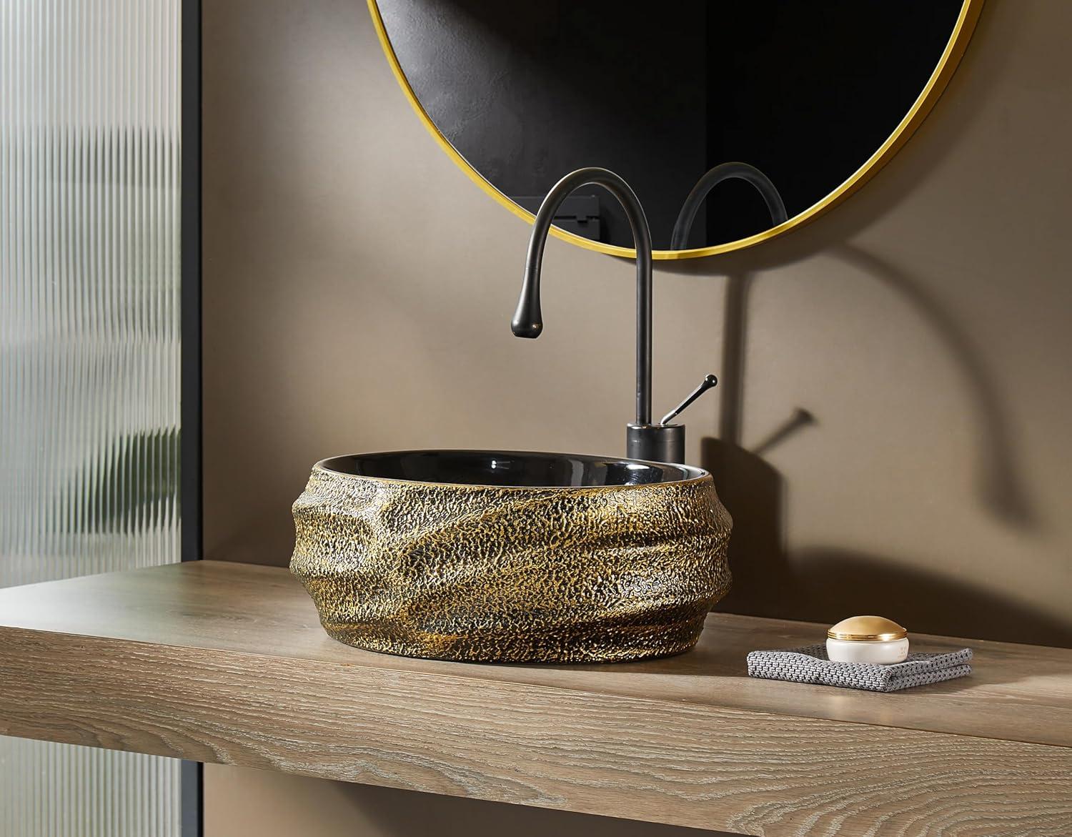 Antique Gold and Black Oval Ceramic Above-Counter Sink