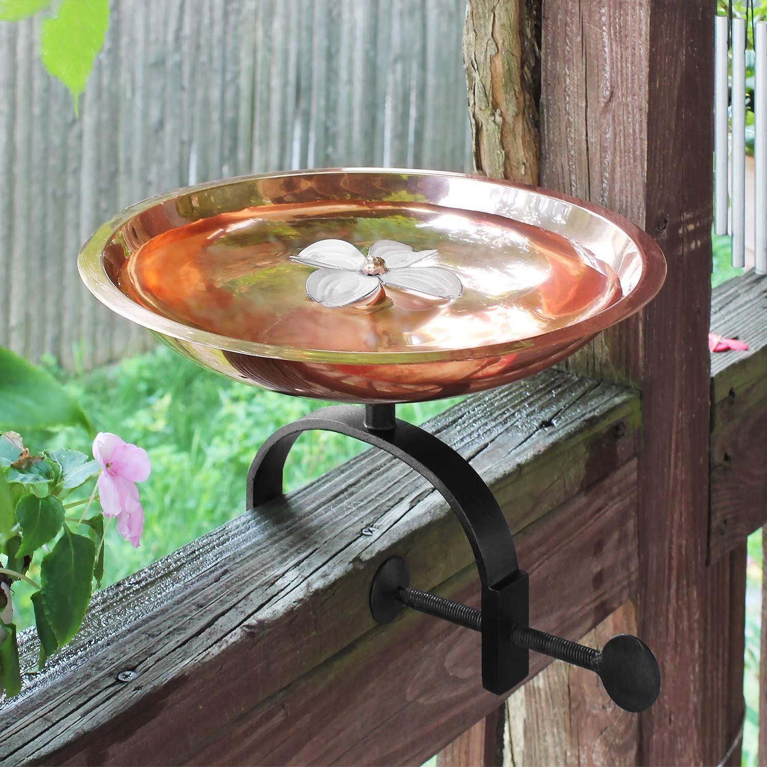 Copper and White Metal Dogwood Railing Mount Birdbath