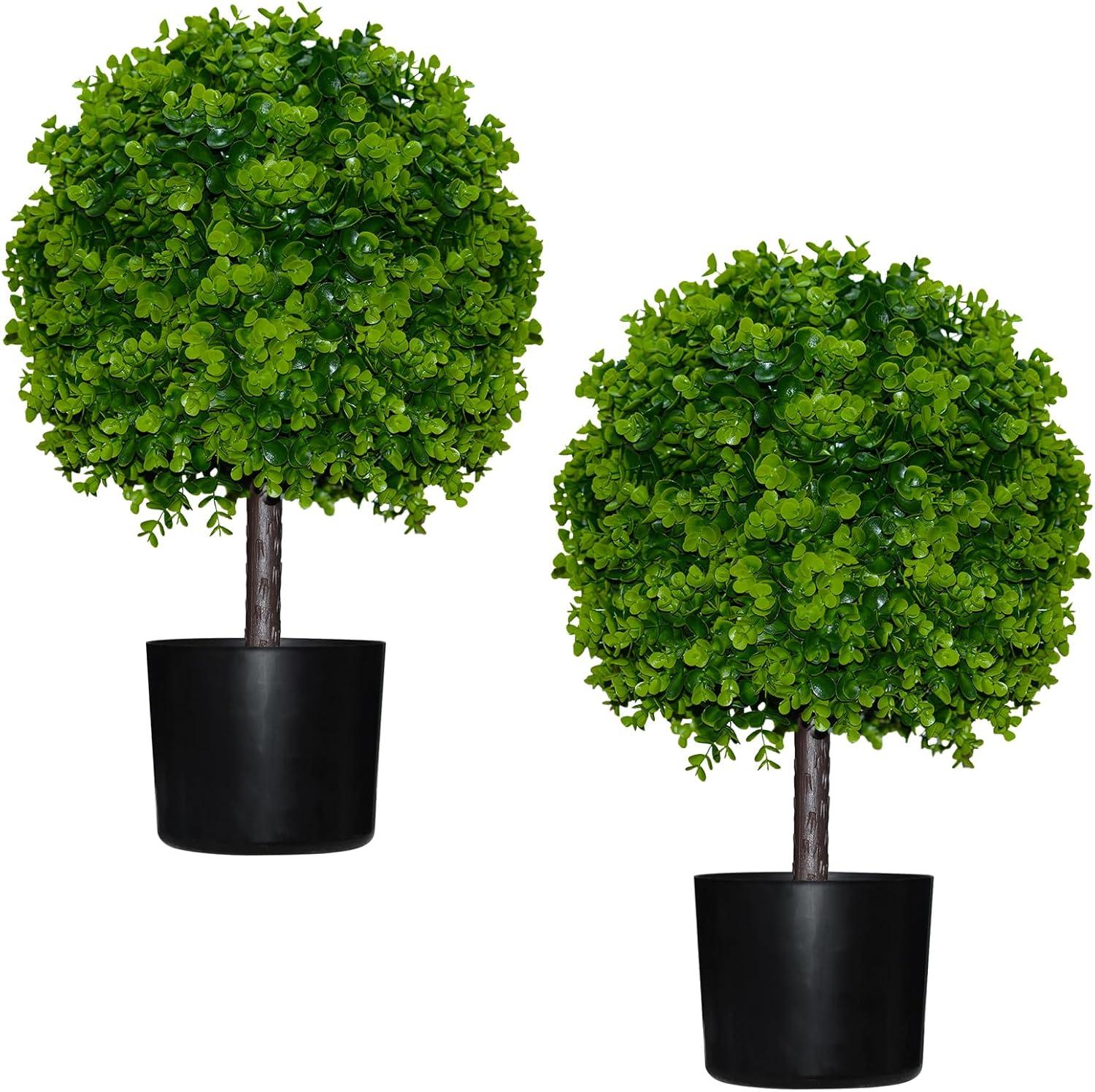 22’’ Faux Boxwood Topiary Ball Tree Set of 2, Artificial Plants Outdoor Weather Resistant, Cement-Filled Potted Bushes, Evergreen Topiary Trees Artificial for Porch Decoration Indoor Outdoor