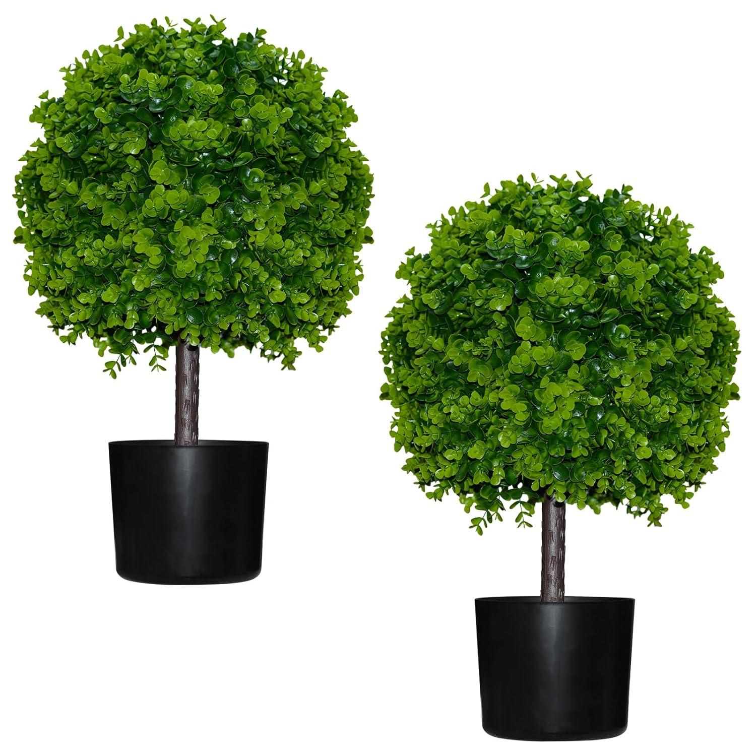 22’’ Faux Boxwood Topiary Ball Tree Set of 2, Artificial Plants Outdoor Weather Resistant, Cement-Filled Potted Bushes, Evergreen Topiary Trees Artificial for Porch Decoration Indoor Outdoor