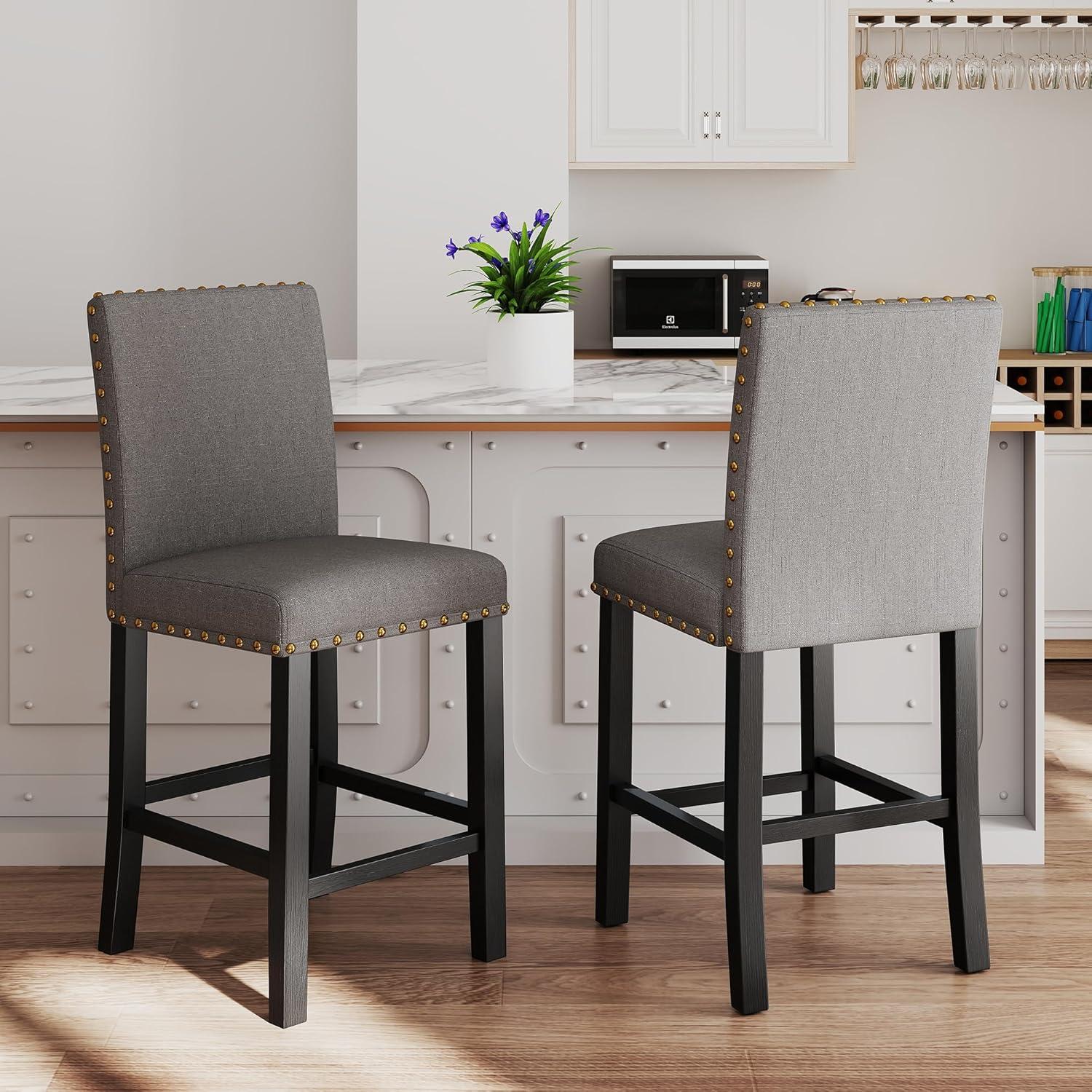 GOTMINSI Counter Height Bar Stool, Classic Upholstered 24 Inches Counter Height Stools Set of 4 barstools with Solid Wood Legs and Grey Fabric