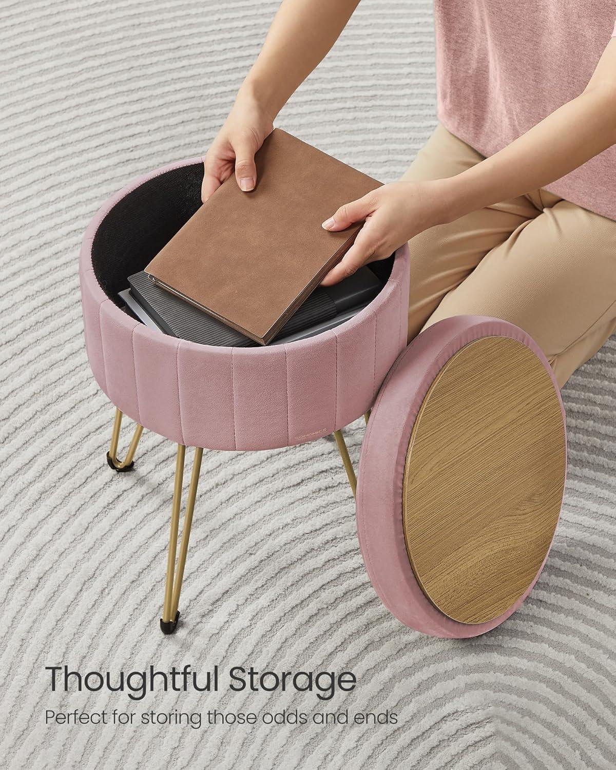 SONGMICS Vanity Stool Chair, Small Ottoman with Storage, Velvet Makeup Stool, 15.4 Dia. x 17.4 H Inches, 4 Metal Legs, for Makeup Room, Living Room, Bedroom, Jelly Pink ULOM003R01