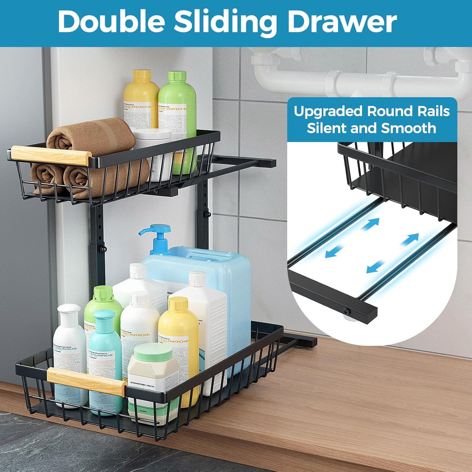 DELAMU 2 Pack Under Sink Organizers and Storage, Pull Out Trash Can Under Cabinet, 2 Tier Bin Organizer with Hooks and Haning Cups, Multi-Purpose Sliding Under Cabinet Organizer