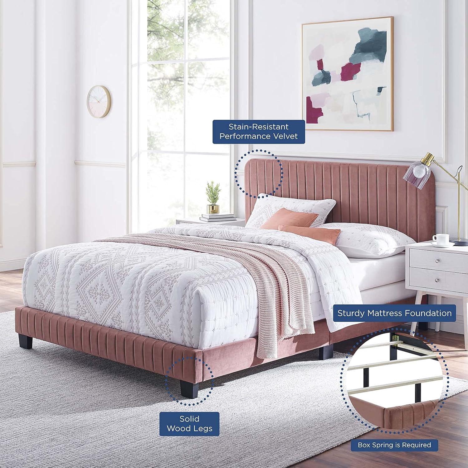 Modway Celine King Bed – Channel Tufted Performance Velvet Upholstery with Slats