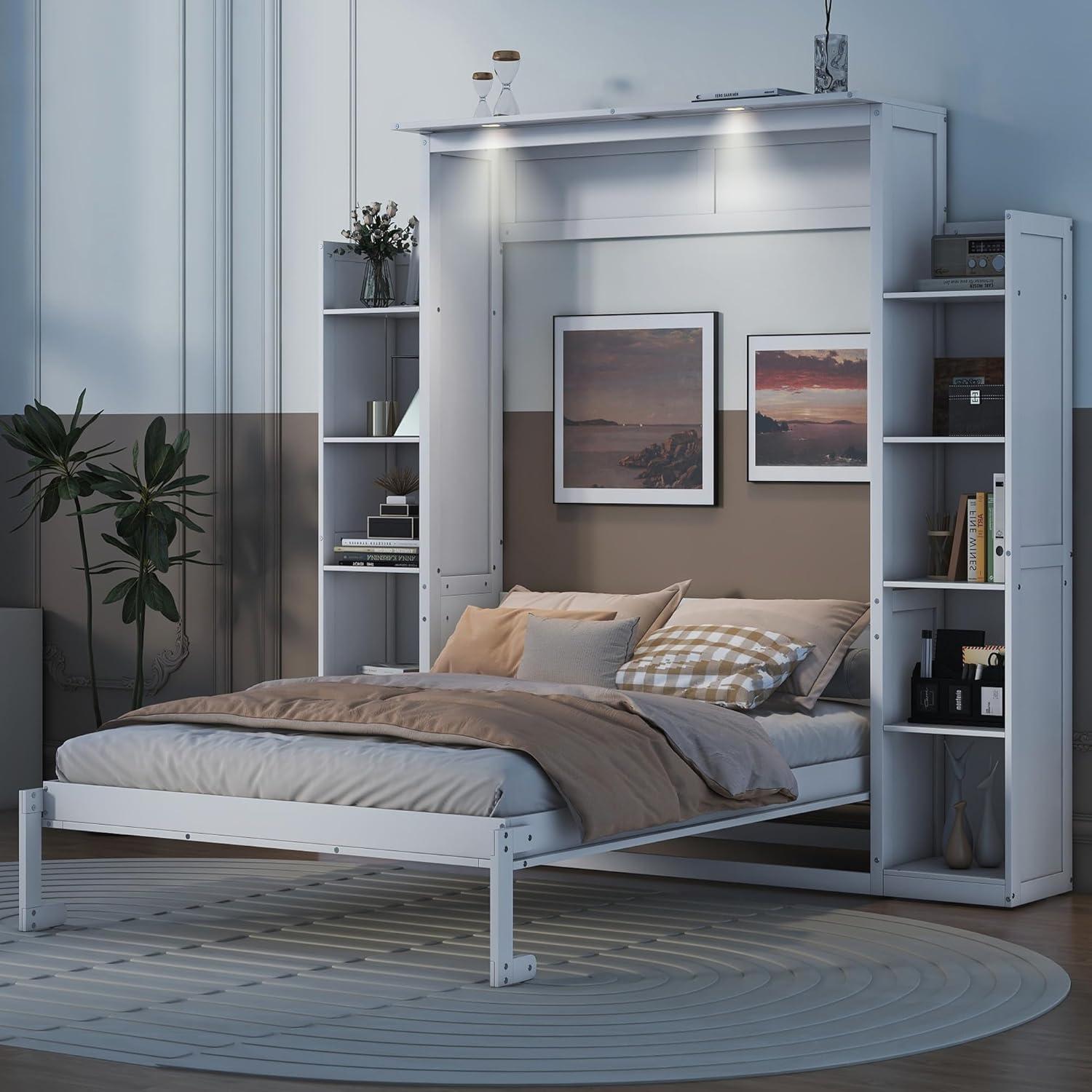 White Full Murphy Bed with Shelves and LED Lights