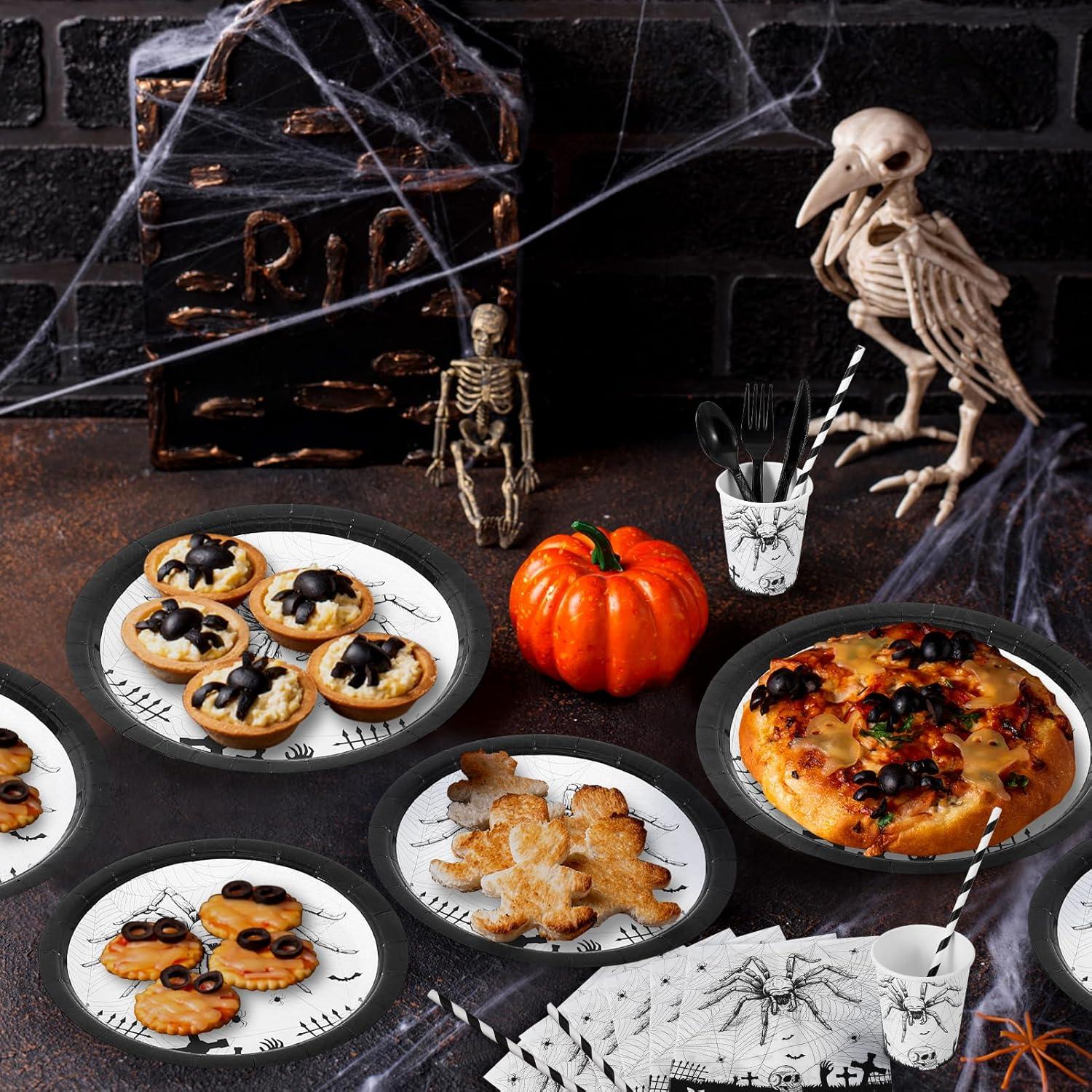 WhizMax 215 Pcs Halloween Plates and Napkins Set Serve 25, Spider Skeleton Disposable Tableware Set  - Plates, Cups, Napkins, Halloween Tableware