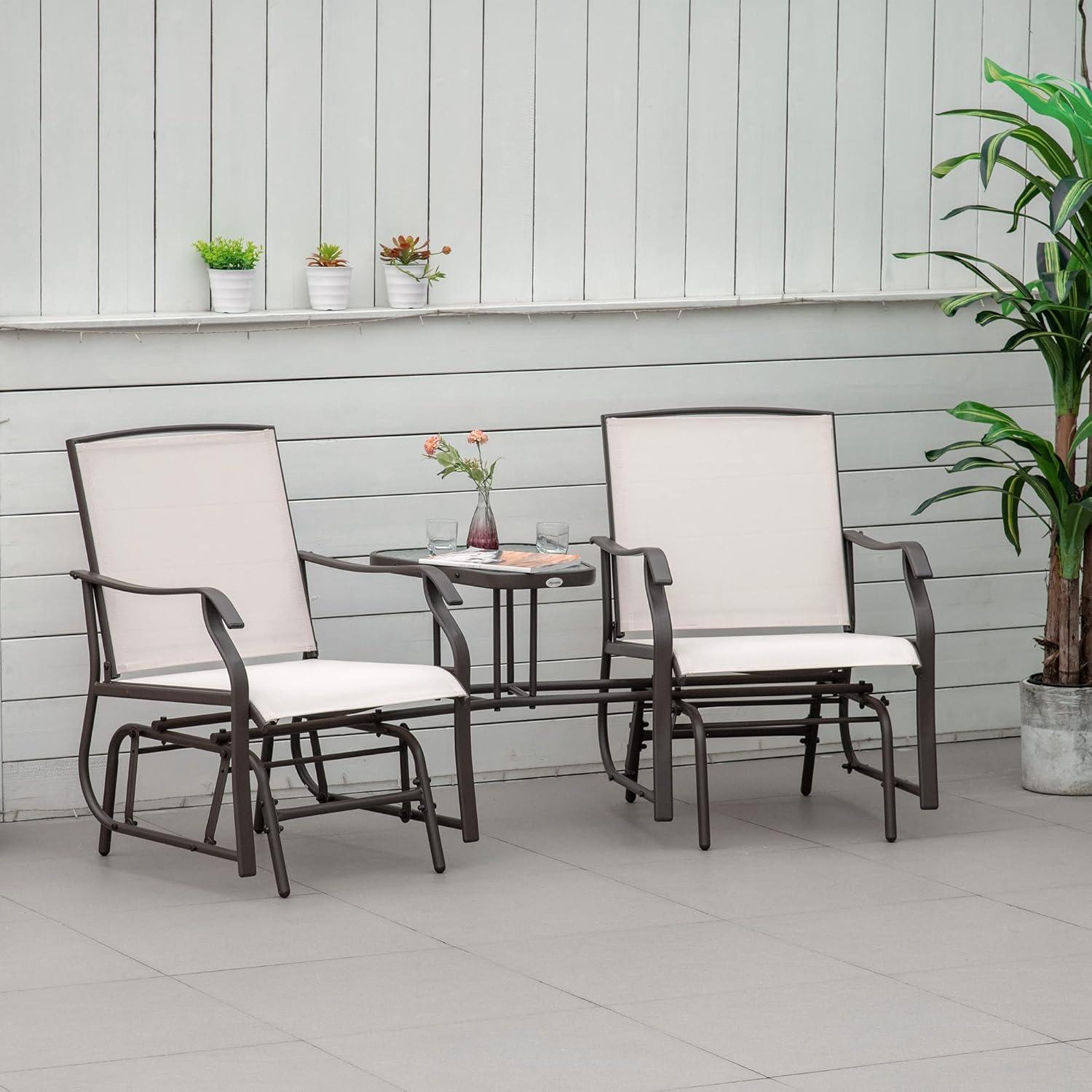 Outsunny Outdoor Glider Chairs with Coffee Table, Patio 2-Seat Rocking Chair Swing Loveseat with Breathable Sling, Coffee Brown
