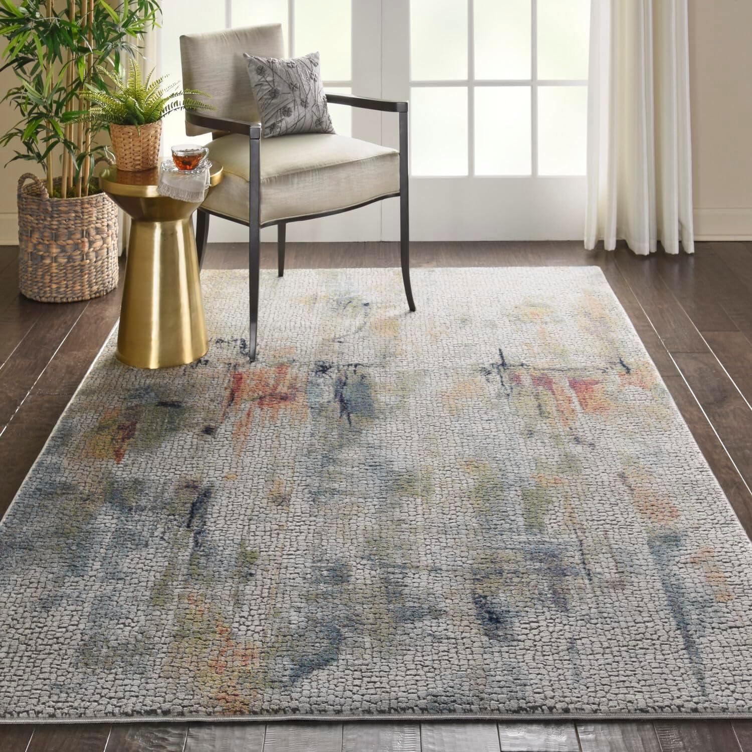 Abstract Ivory and Multicolor Silky Texture 4' x 6' Synthetic Rug