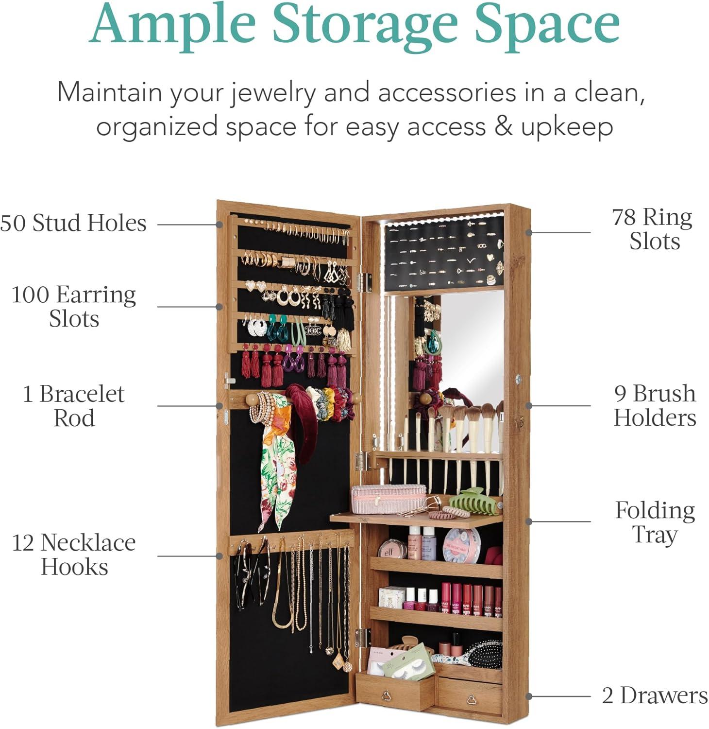 Best Choice Products Hanging Mirror Jewelry Armoire, Door or Wall Mounted Cabinet w/ LED Lights, Lock - Rustic Brown