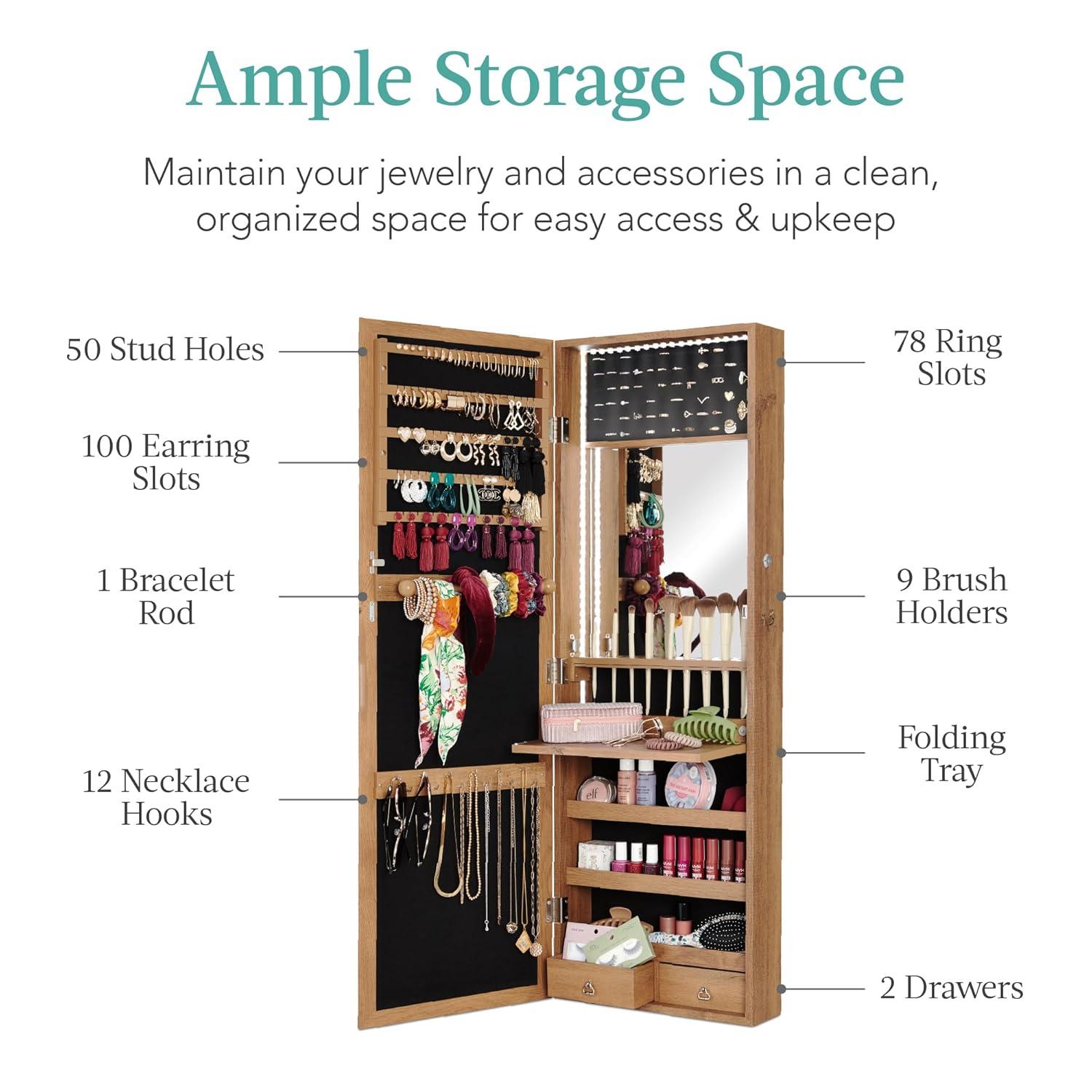 Best Choice Products Hanging Mirror Jewelry Armoire, Door or Wall Mounted Cabinet w/ LED Lights, Lock - Rustic Brown