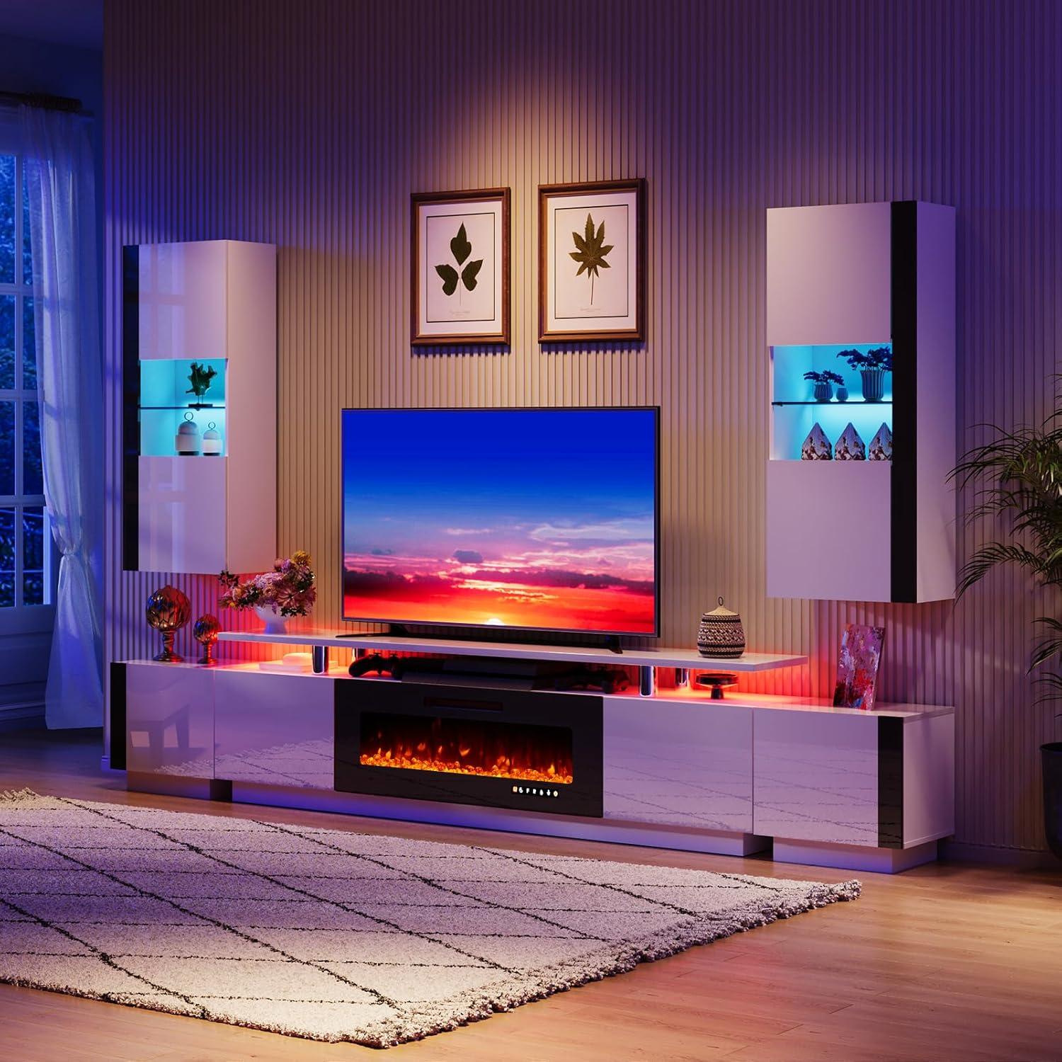 VanAcc Modern Wall Storage Cabinets with LED Lights, Hanging Cabinets with Closed Doors & Open Shelves, Black