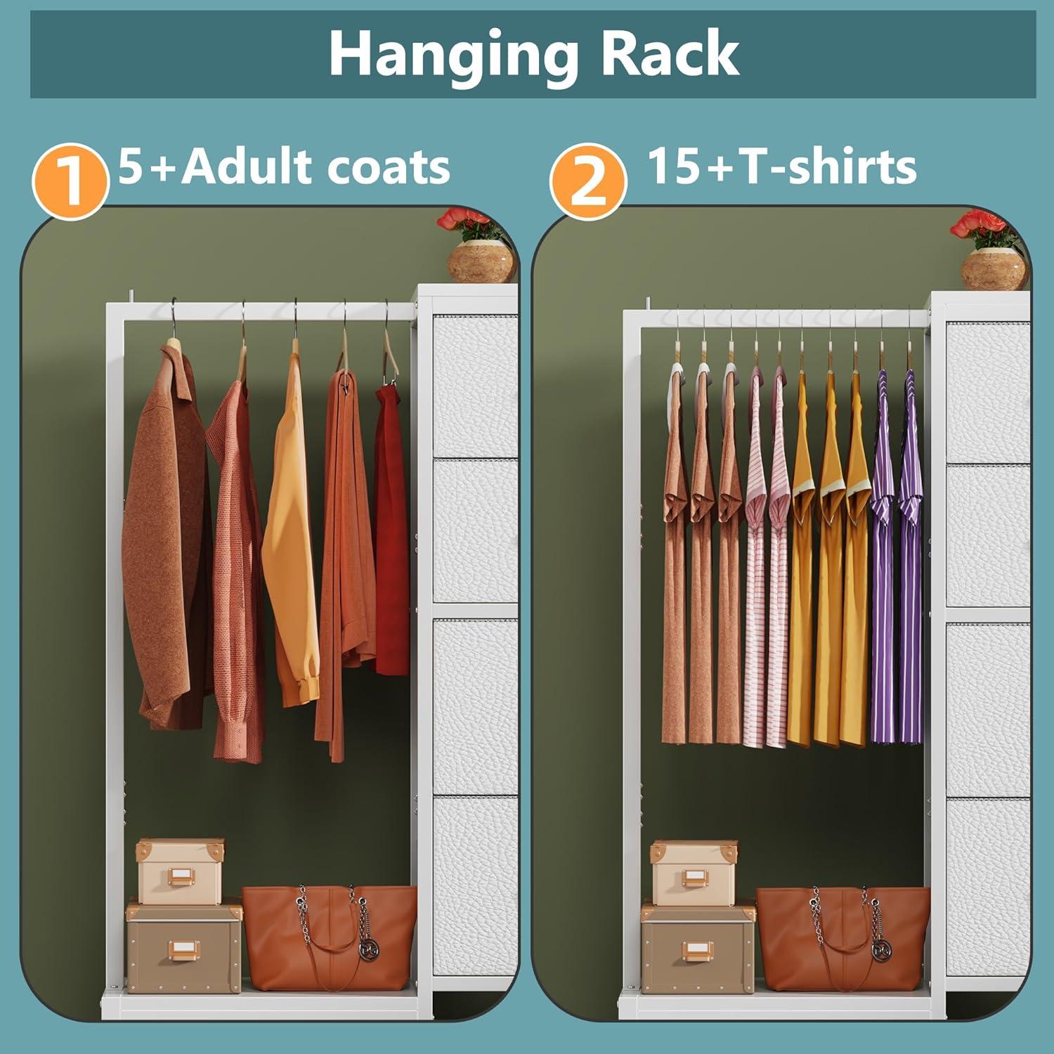 Dresser with Hanging Rack, 4 Drawers Small Closet for Bedroom, Reversible Fabric Chest of Drawers with Clothes Rack, Tall Storage Tower, Sturdy Frame, White, 44''H