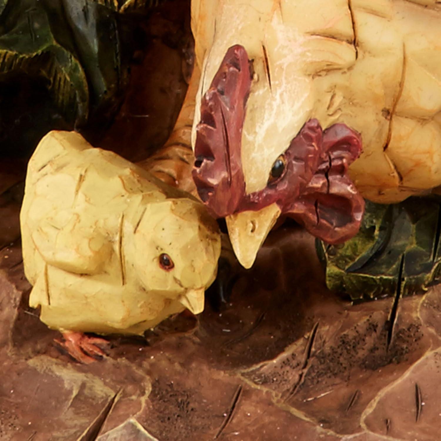 Handcarved Resin Rooster and Hen Family Sculpture in Multicolor