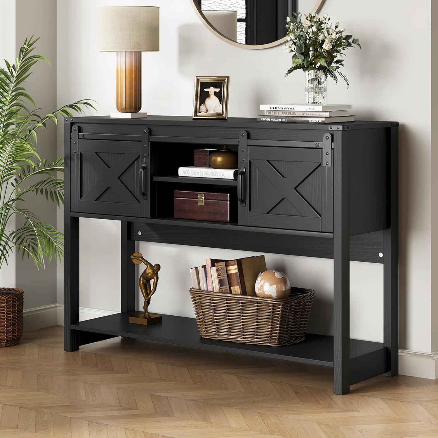 Farmhouse Console Table with Storage Shelf & Sliding Barn Door, Wood Entryway Table with Storage, 46" Narrow Long Sofa Table, Behind Couch Table, Console Tables for Living Room, Entryway, Foyer