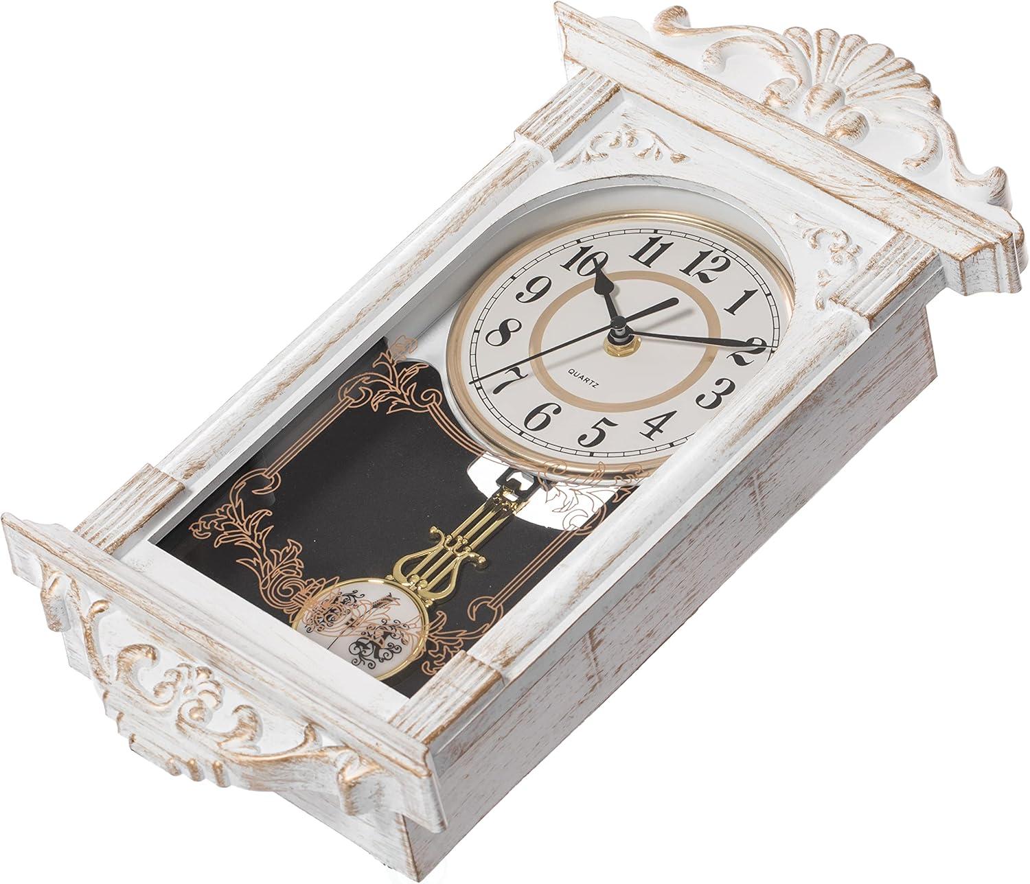 Clockswise Vintage Grandfather Wood-Looking Plastic Pendulum Decorative Battery-Operated Wall Clock