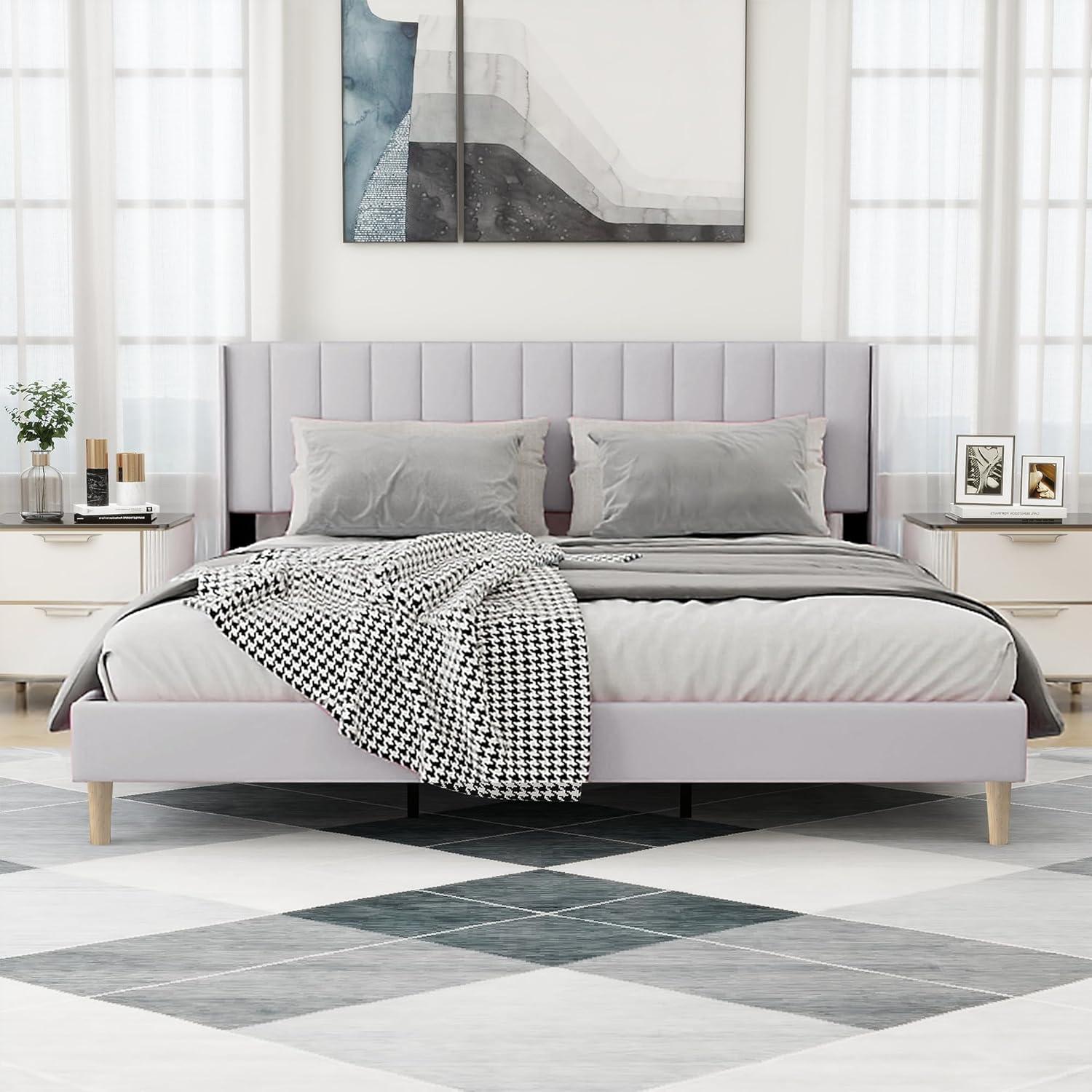 alazyhome Upholstered Platform King Size Bed Frame with Headboard Wooden Slats Support No Noise Easy Assembly Light Grey Linen