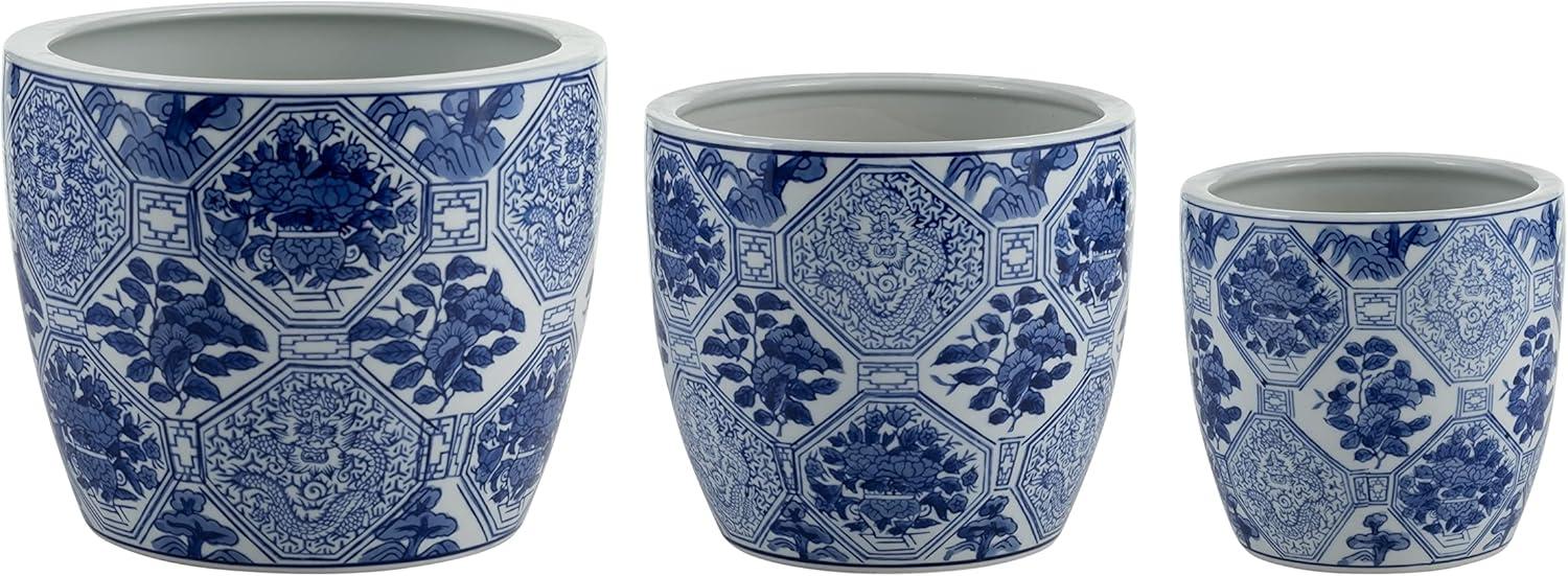 Sagebrook Home 3pc Chinoiserie Ceramic Indoor Outdoor Planter Pots Blue/White: Rust-Resistant, Hand-Painted, No Drainage Holes