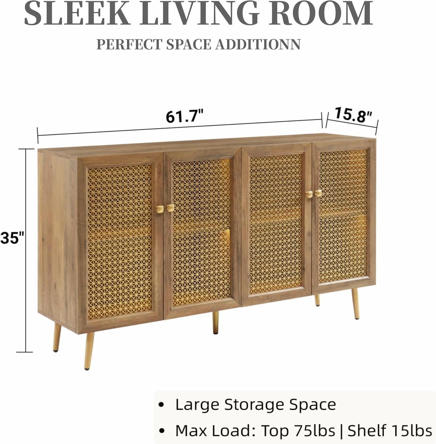 61.7''W Four Door Wood Buffets and Sideboards Storage Cabinet with LED Light Rustic Oak