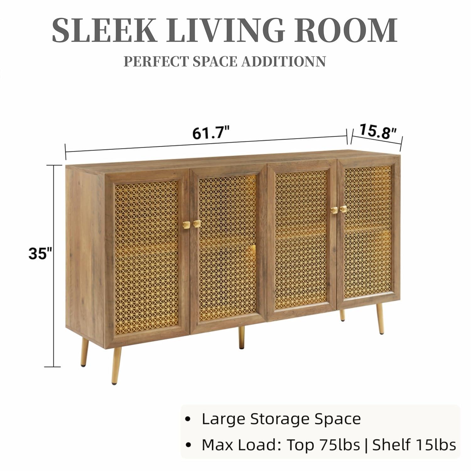 61.7''W Four Door Wood Buffets and Sideboards Storage Cabinet with LED Light Rustic Oak