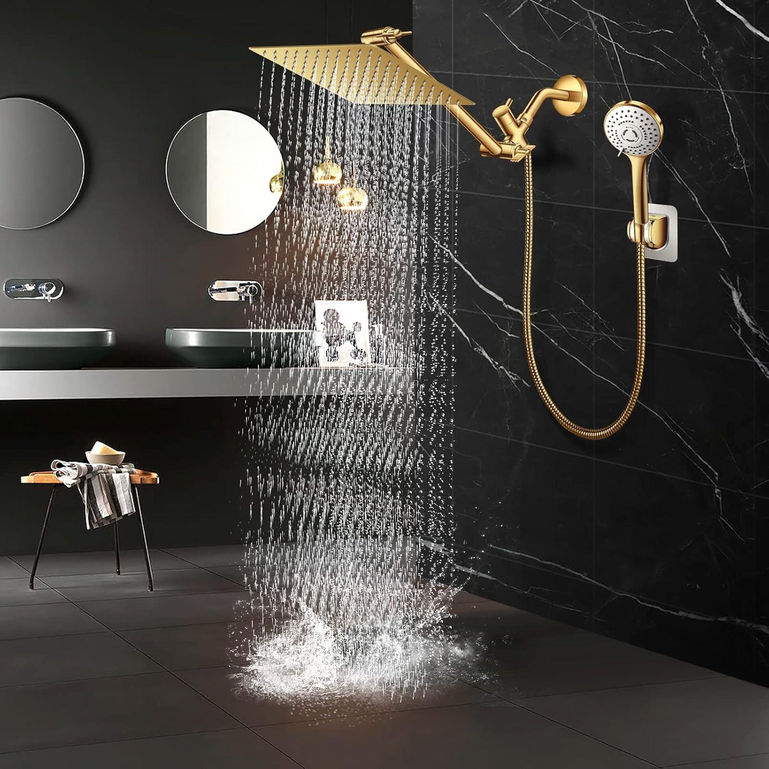 Shower Head, 10" High Pressure Rain shower head with Handheld Spray Combo, 6 Settings Handheld with 78" Anti-leak Hose, 11" Adjustable Extension Arm, Ultra Thin Water Saving, Gold, AWAXFOLO