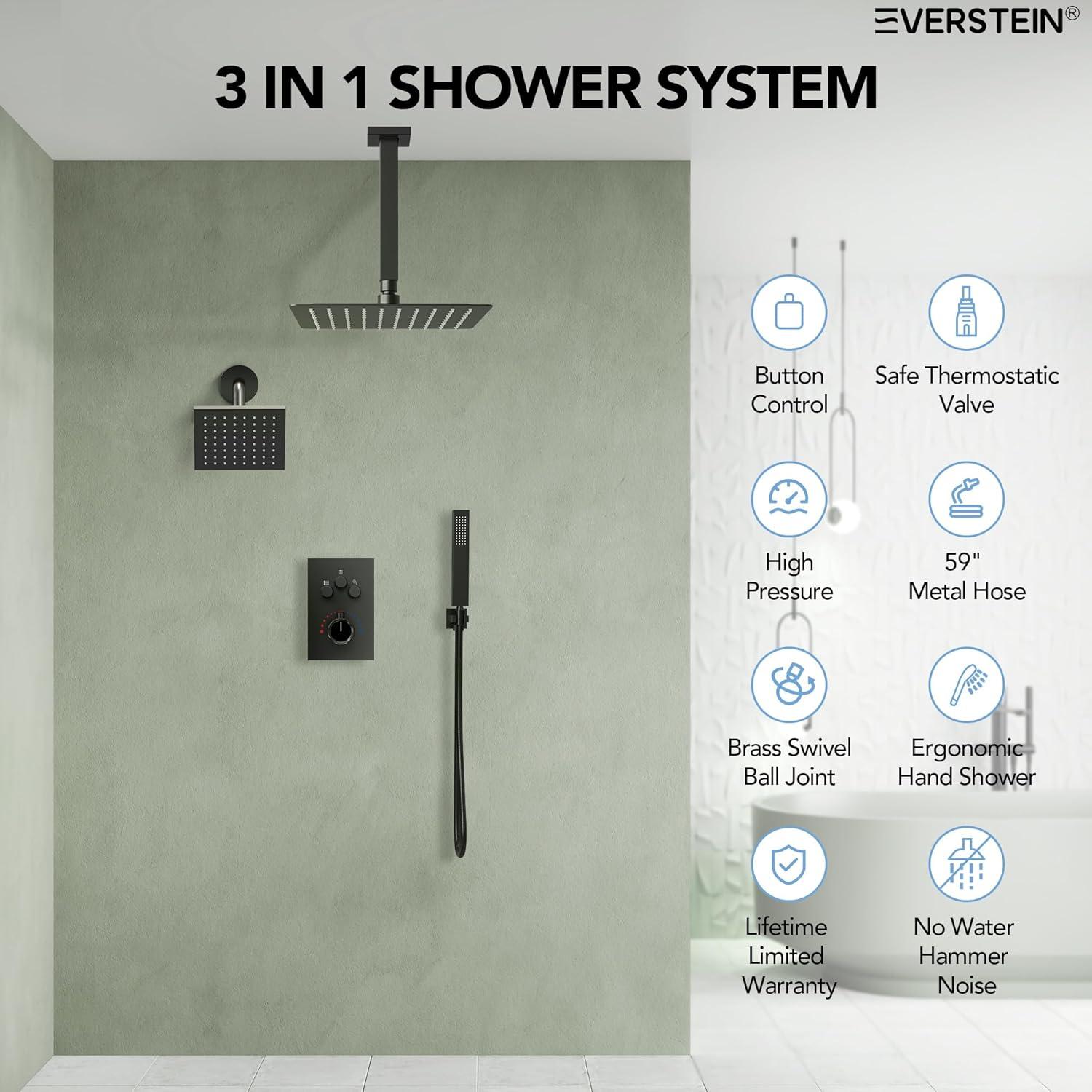 Thermostatic Shower Faucet 12" High-Pressure Dual Showerheads with Rough-In Valve