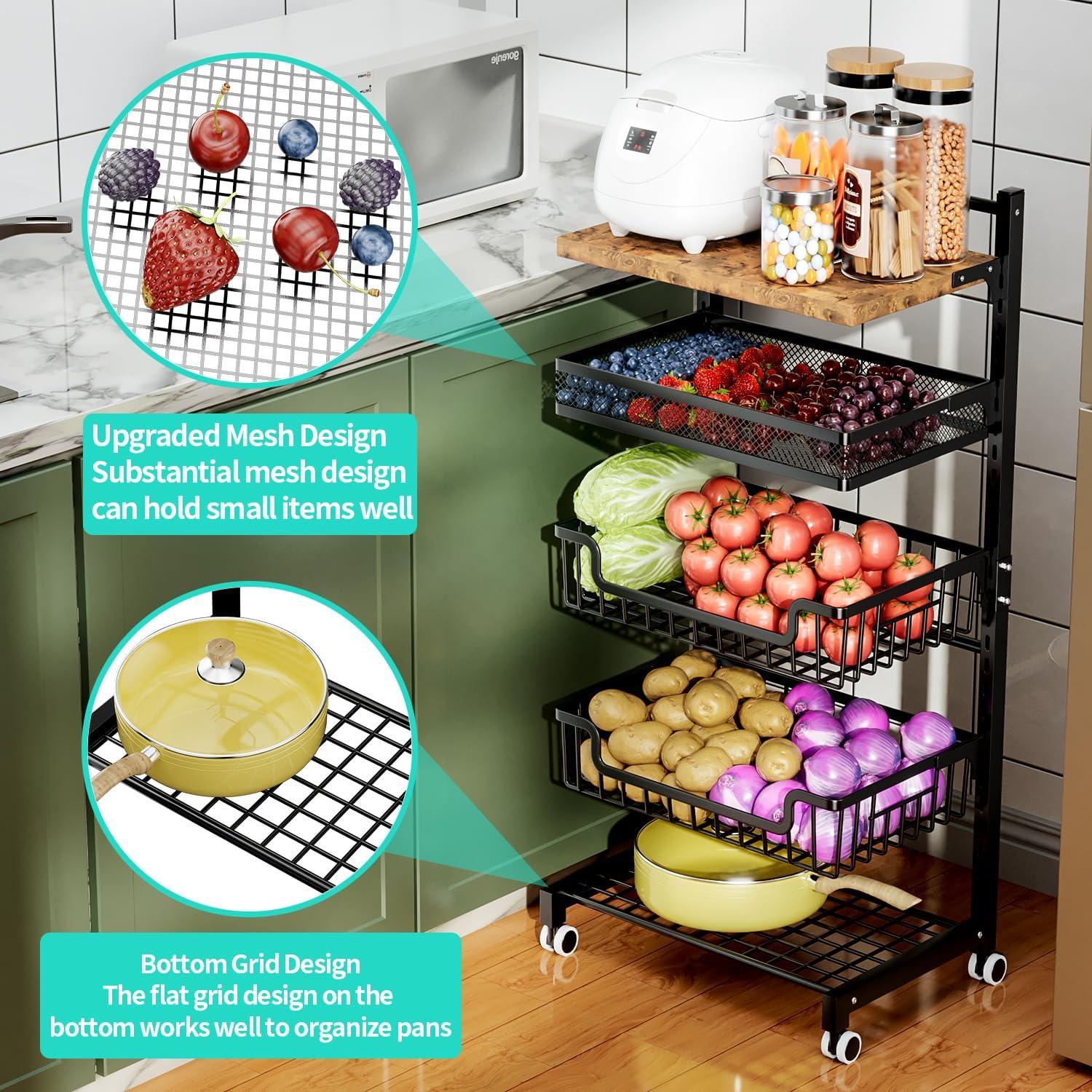 Fruit Basket Vegetable Basket - 5 Tier Adjustable Kitchen Storage Cart, Wooden Top Table Fruit and Vegetable Car Snack Cart with Wheels, Metal Mesh and Wire Storage Basket for Onions Potatoes