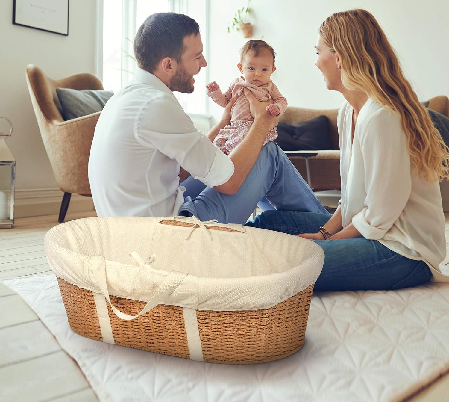 Elegant Natural Ecru Woven Moses Basket with Comfort Liner and Foam Pad