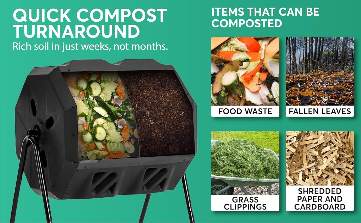 Composter with Stainless Steel Center Tube, 43 Gallon, Dual Chamber