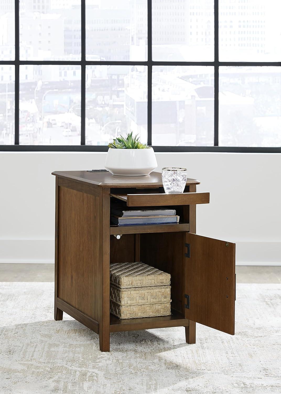 Brown Wood Rectangular End Table with Storage and USB Ports